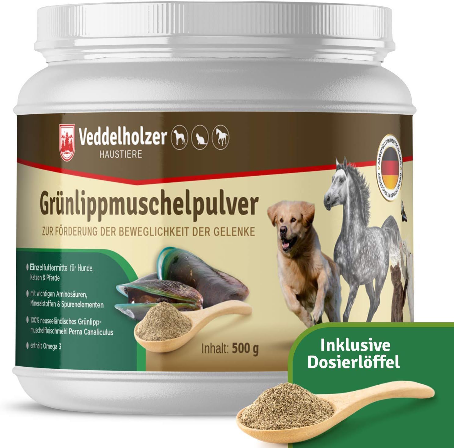 Weißes Produktglas mit Aufschrift Grünlippmuschelpulver, Dosierlöffel. Abbildung von Hund, Katze, Pferd.