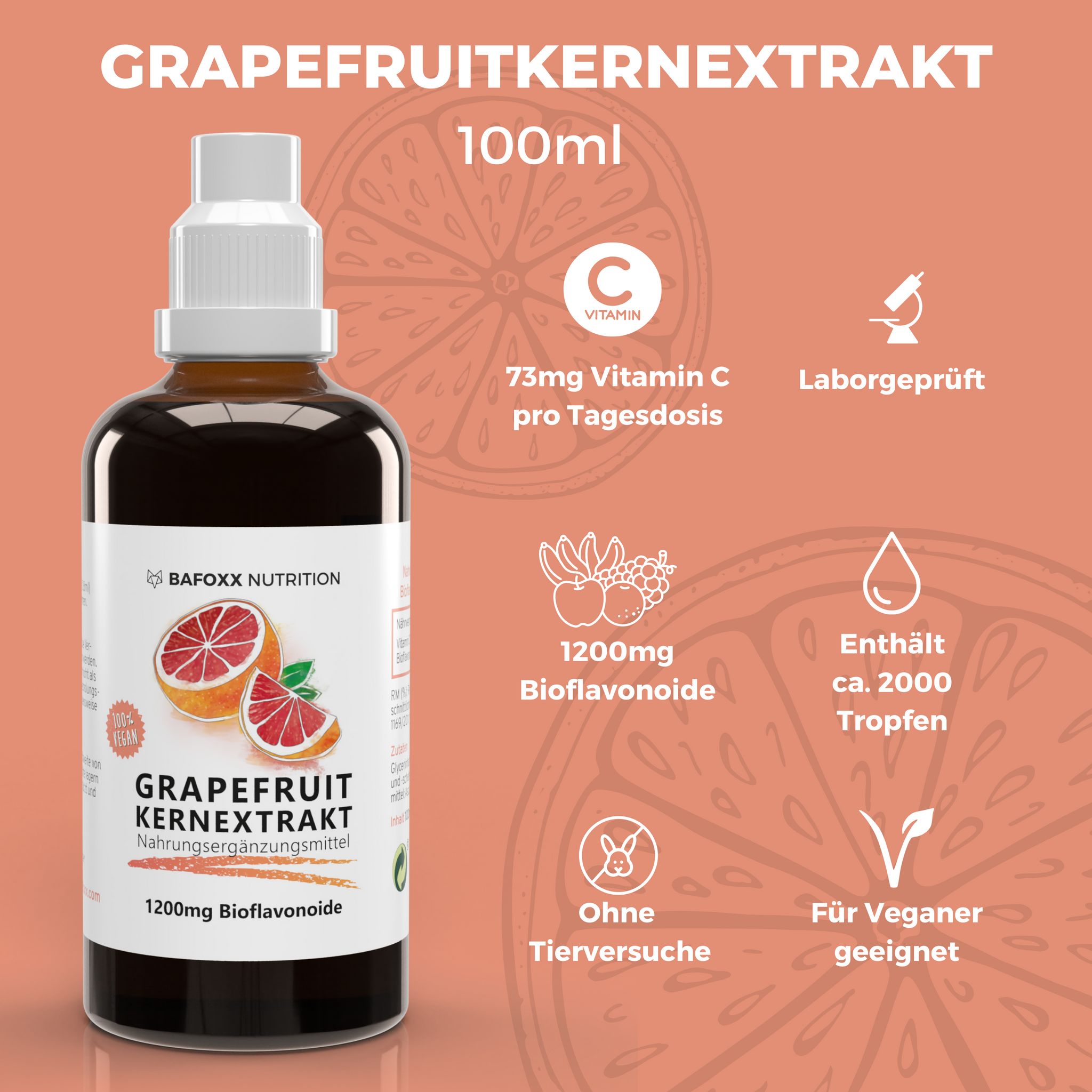 Braune Flasche mit weißem Deckel. Etikett mit Grapefruit-Abbildung. Enthält 1200mg Bioflavonoide, 73mg Vitamin C. Vegan.