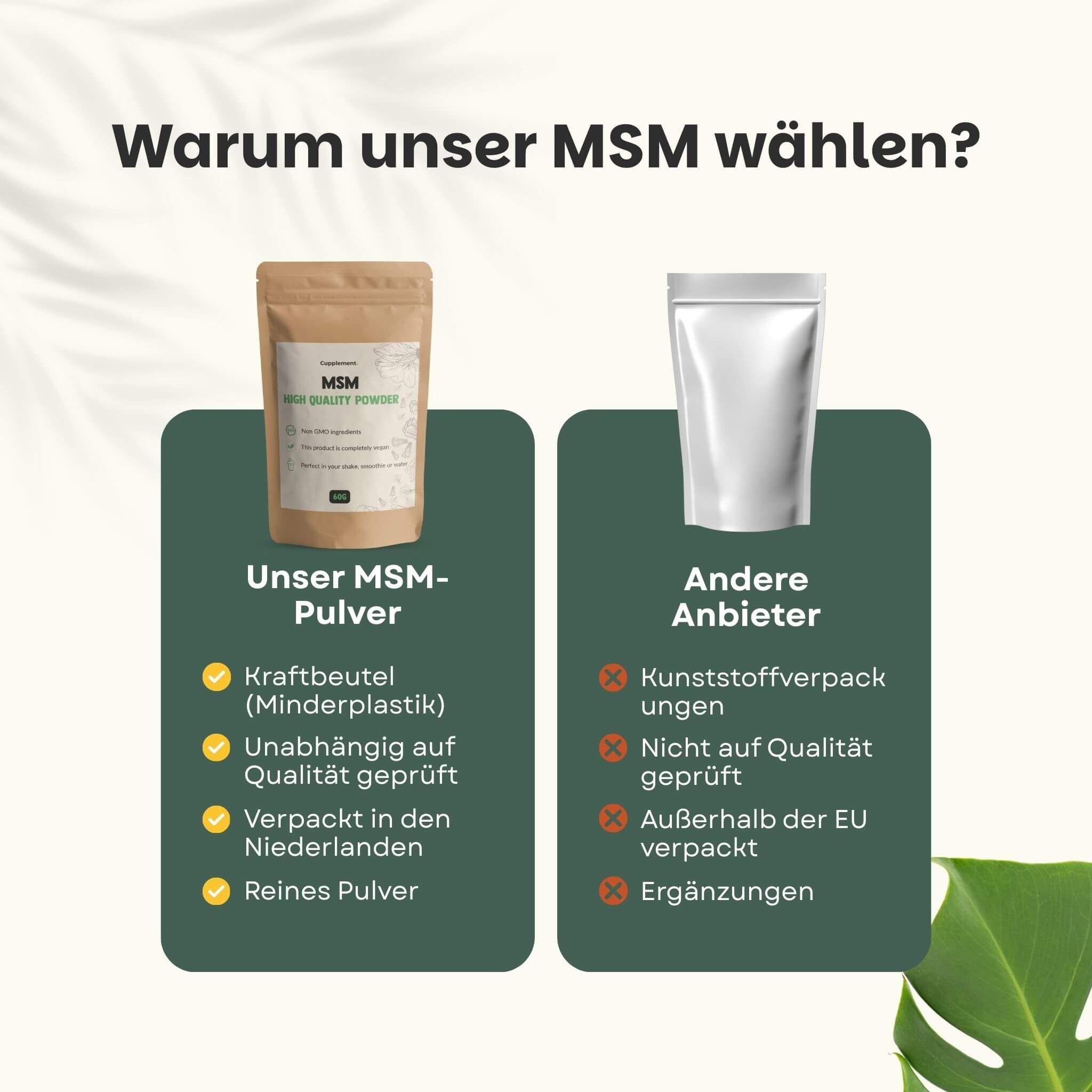 Vergleich: Cupplement® MSM-Pulver vs. andere Anbieter. Kraftbeutel, unabhängige Tests, reines Pulver.