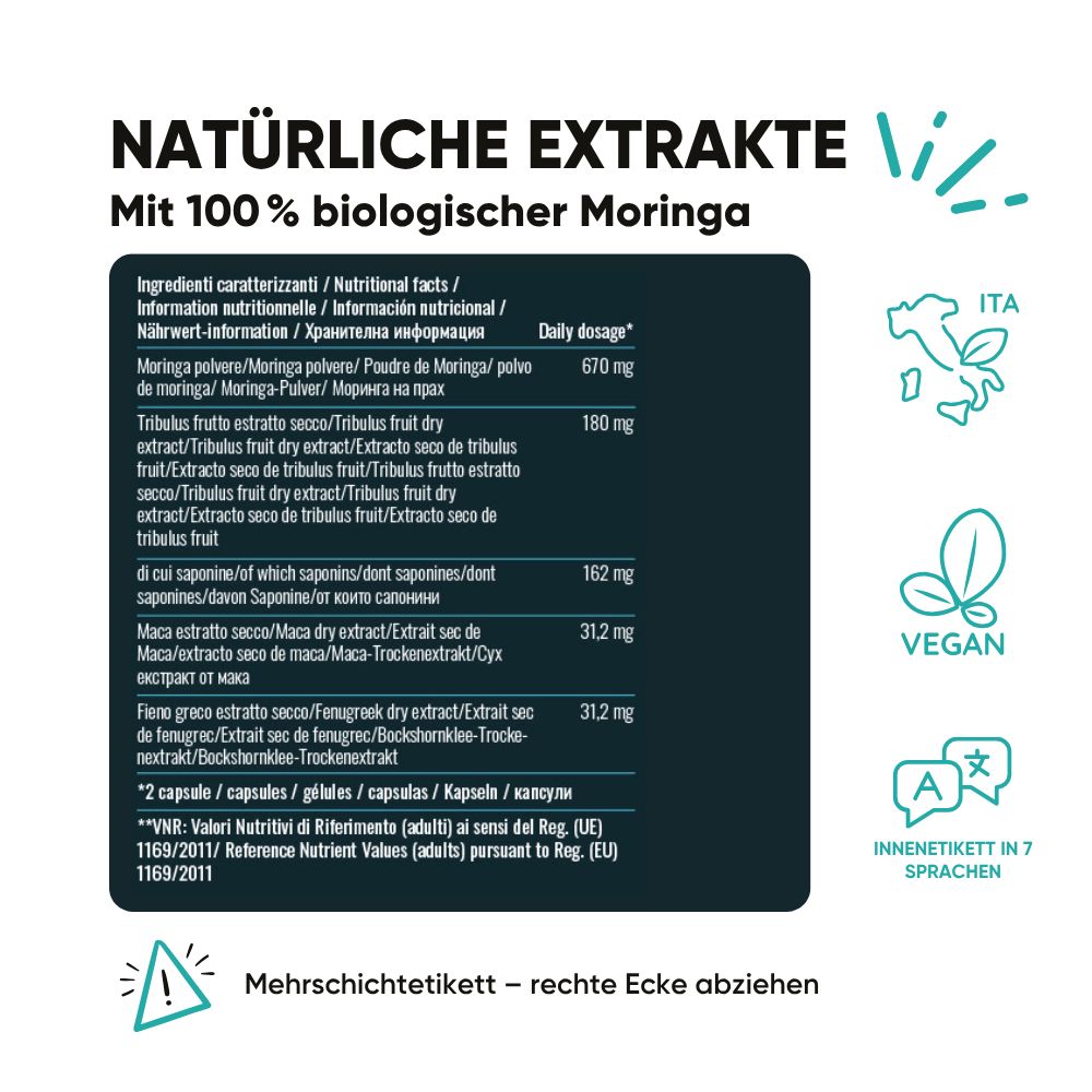 Etikett mit Inhaltsstoffen und Nährwertangaben. Vegan-Siegel. Text in 7 Sprachen.