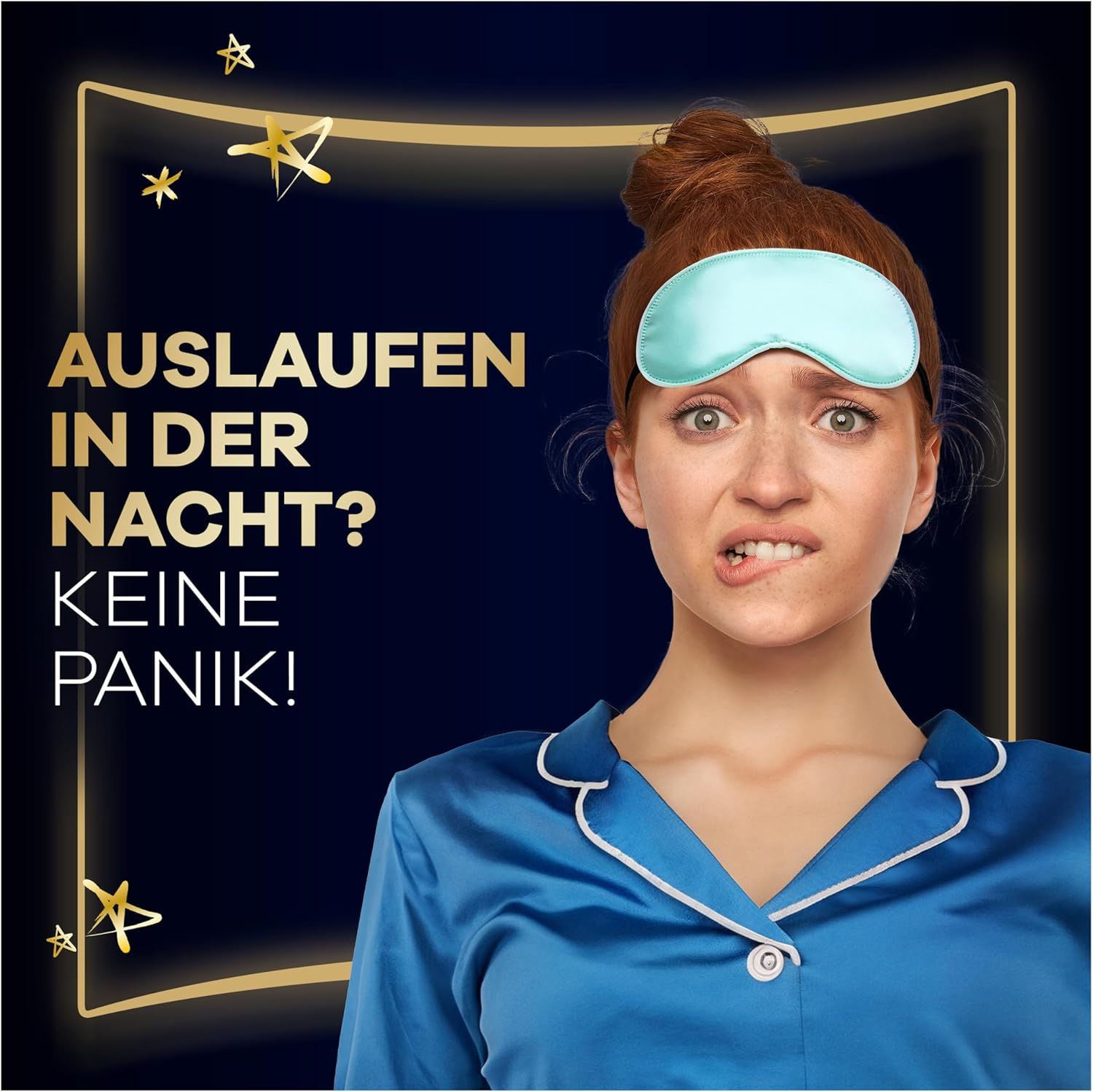 Frau mit Schlafmaske und Schlafanzug. Text: Auslaufen in der Nacht? Keine Panik!