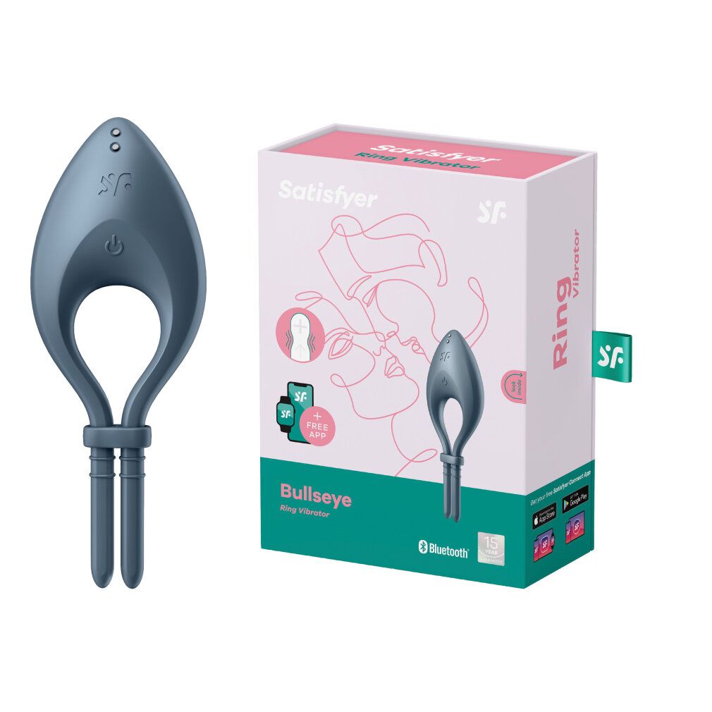 Blaues Ringvibrator-Produkt und Verpackung. Auf der Verpackung steht der Produktname und das Logo.