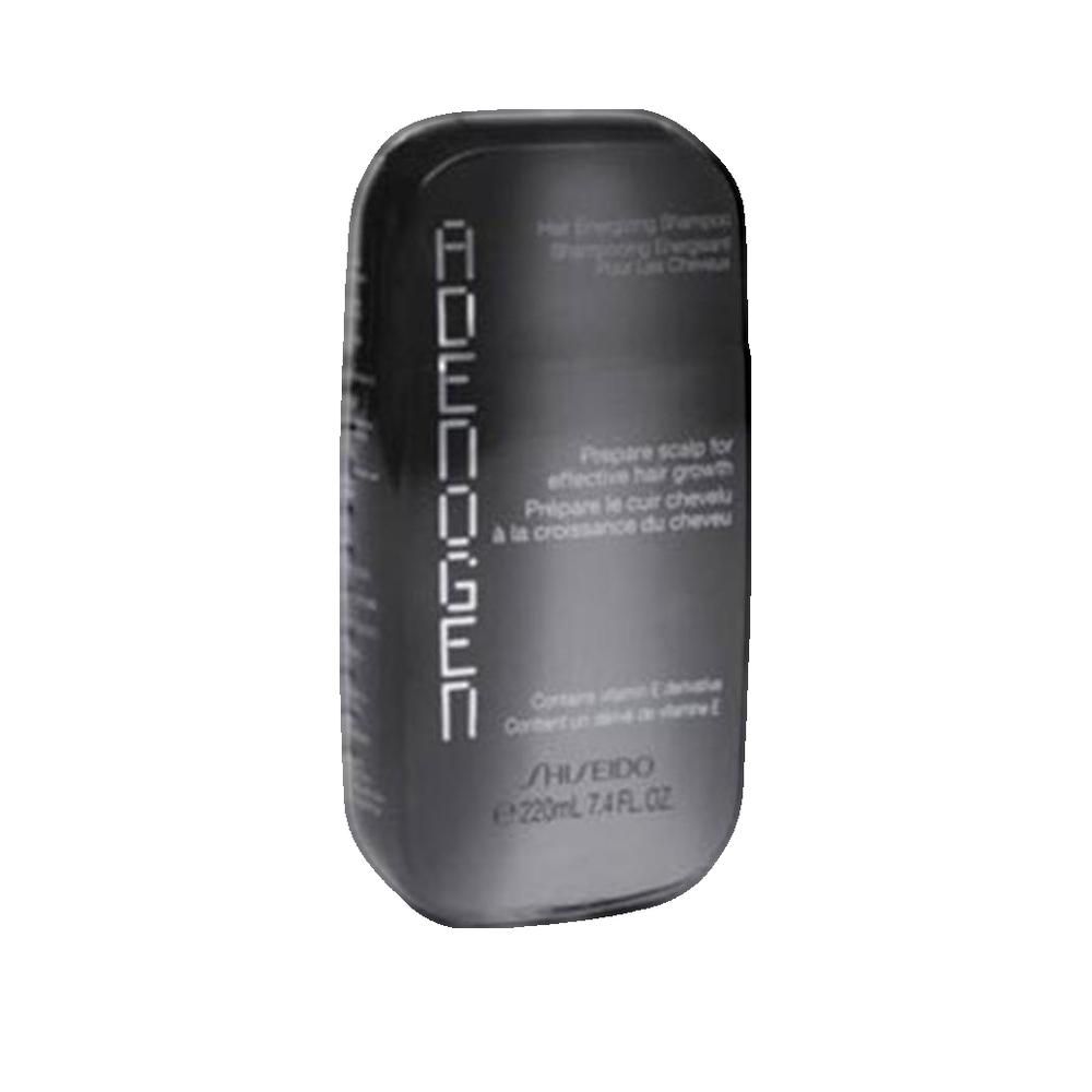 Dunkelgraue Shiseido-Shampoo-Flasche. Text: Prepare scalp for effective hair growth. Enthält Vitamin E. 220ml.