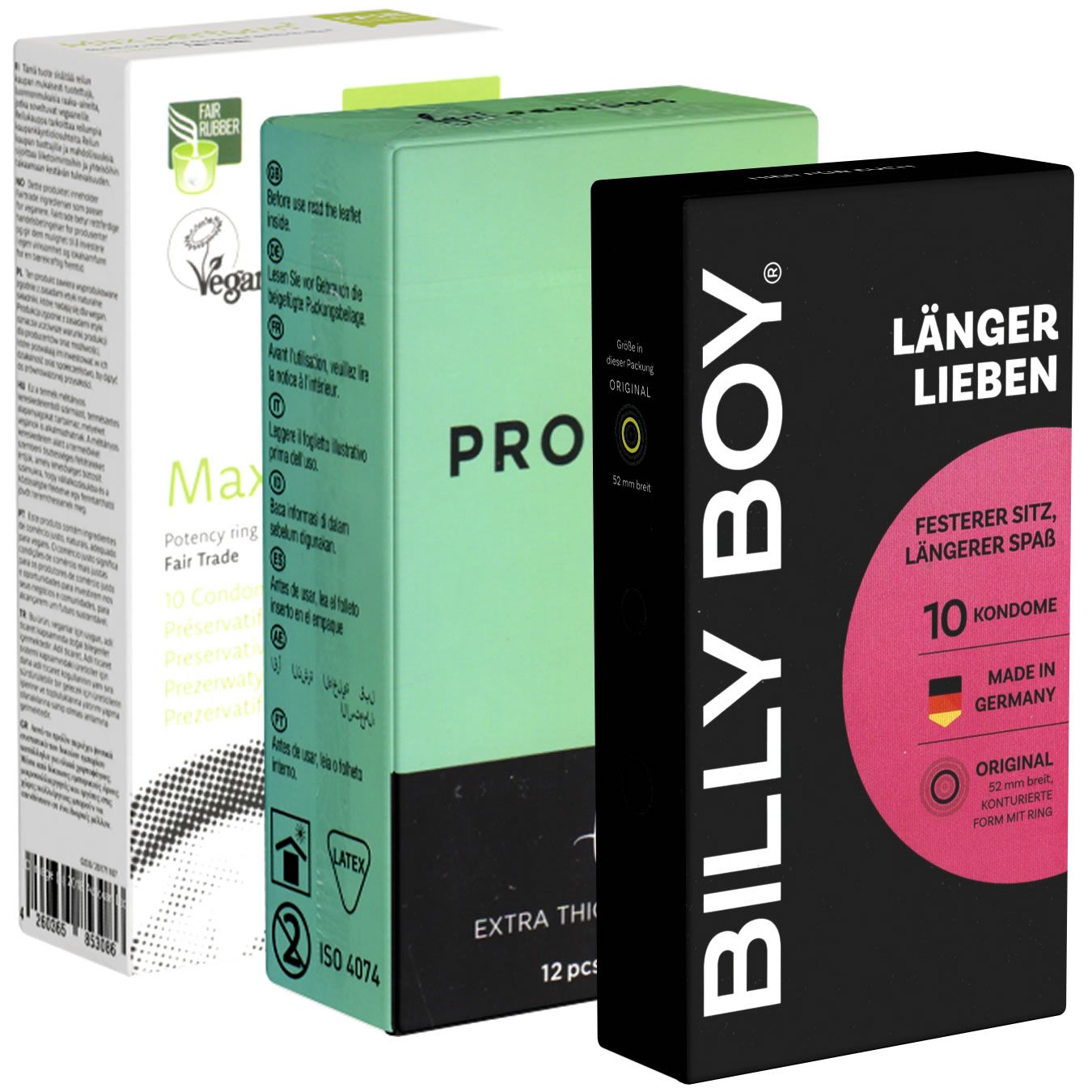 Drei Kondom-Verpackungen. Eine weiße Schachtel mit „Max“ und „Fair Trade“. Eine grüne Schachtel mit „PRO“. Eine schwarze Schachtel mit „BILLY BOY“ und „LÄNGER LIEBEN“.