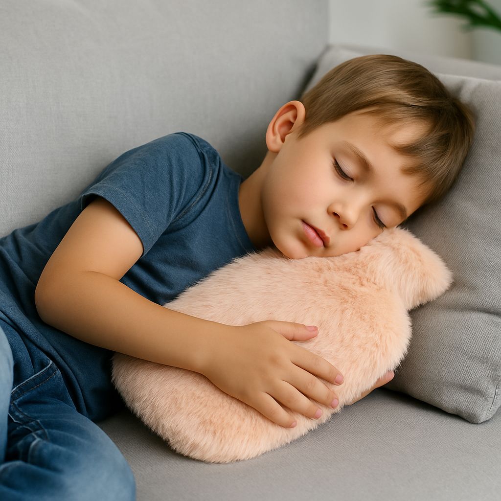 Ein Junge schläft auf einer Couch und hält eine flauschige, hellrosa Wärmflasche.