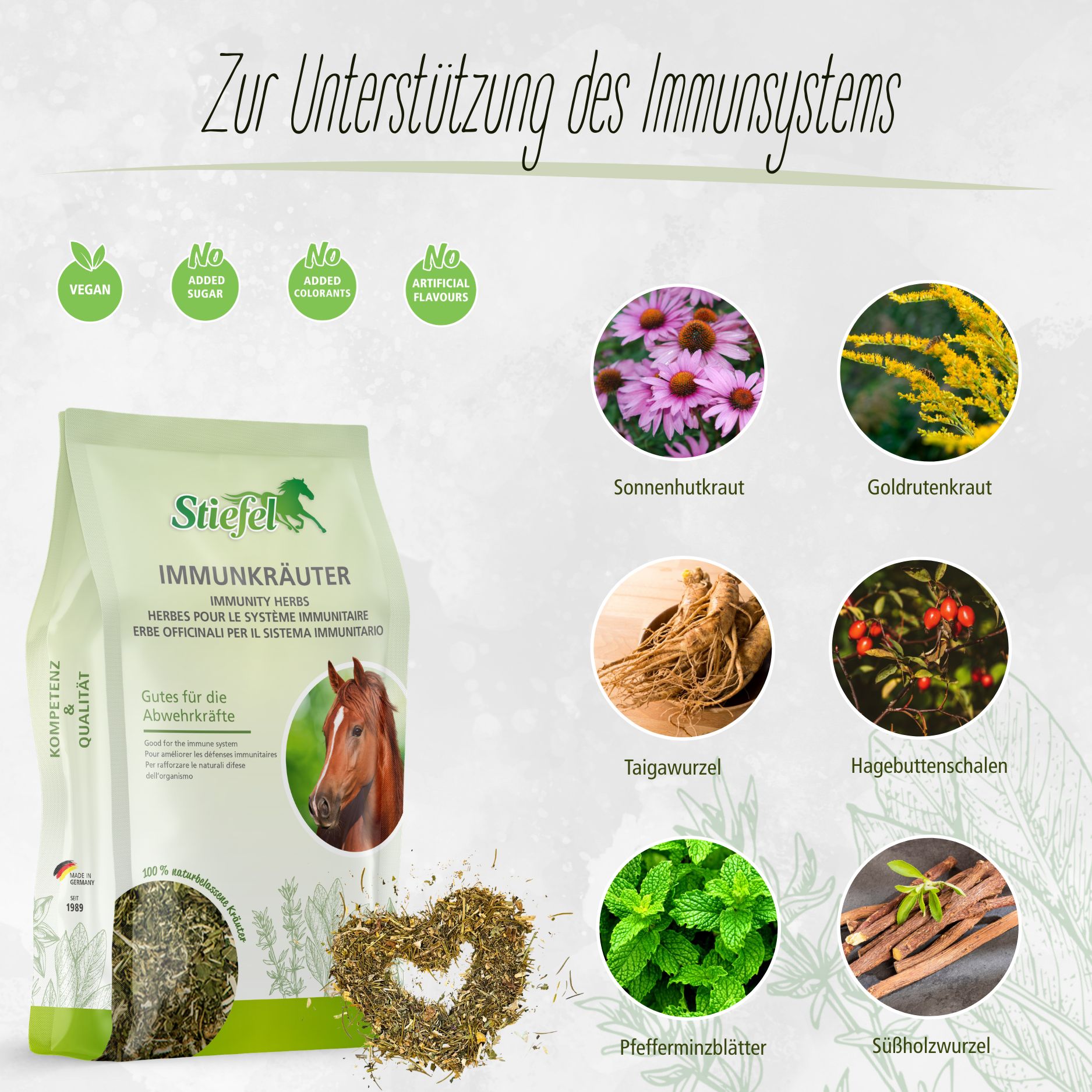 Beutel mit Stiefel Immunkräuter, Kräutermischung für das Immunsystem. Abgebildet sind Kräuter und Pflanzen.