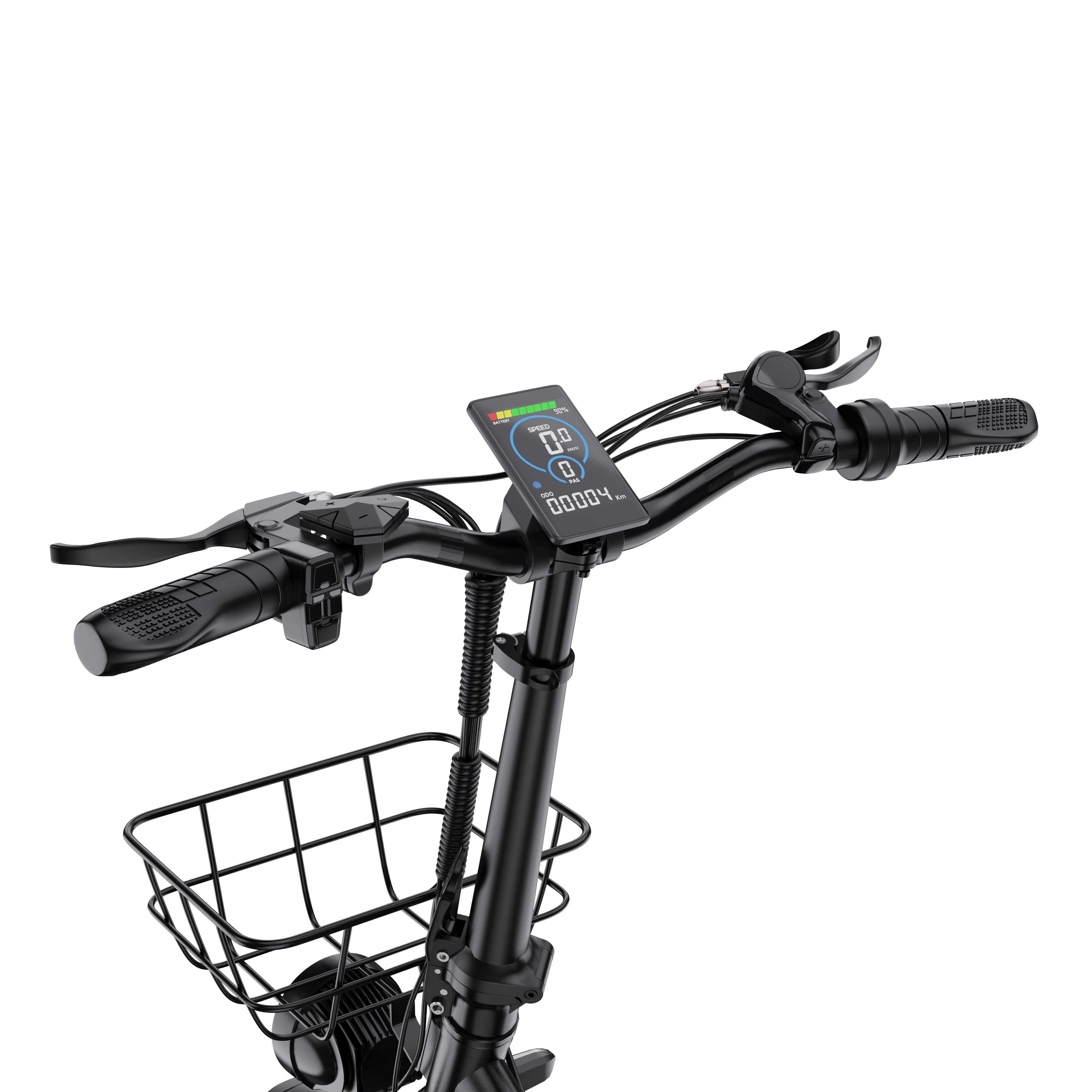Lenker eines schwarzen E-Bikes mit Display, Korb und Bedienelementen. DRVETION Schriftzug.