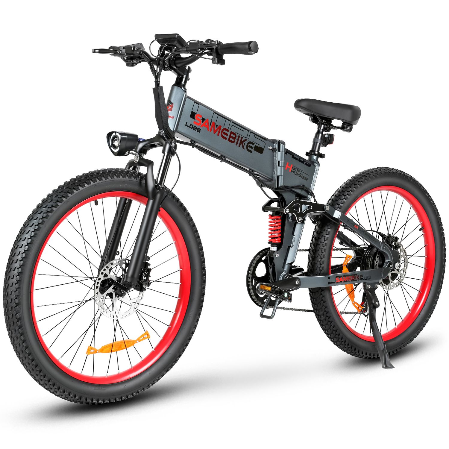 Graues Klapp-E-Bike mit roten Felgen. Marke SAMEBIKE, Modell LO26Plus sichtbar. Schwarze Reifen, Sattel und Lenker. Rote Federung.