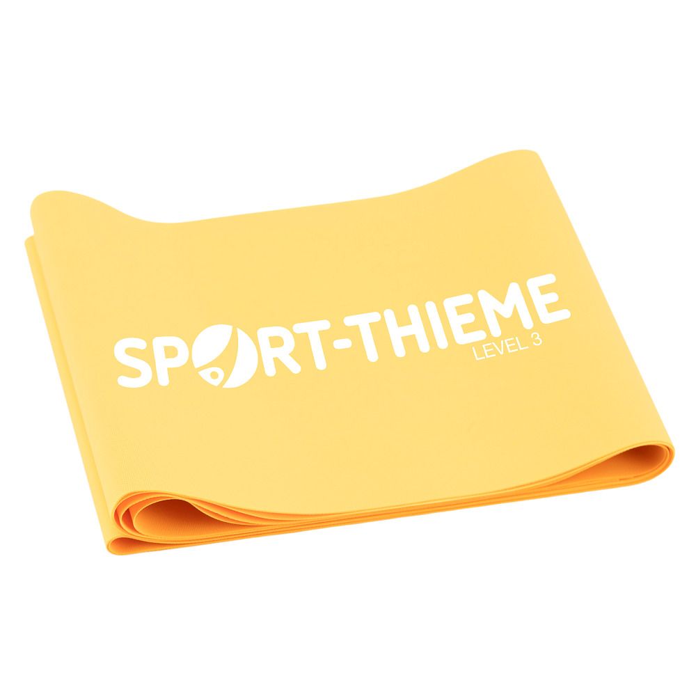 Gelbes Fitnessband, gefaltet. Aufdruck: SPORT-THIEME und LEVEL 3.