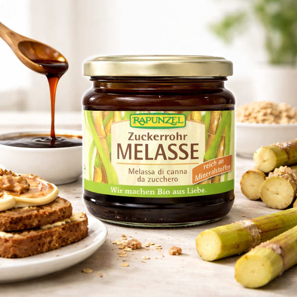 Rapunzel Zuckerrohr Melasse im Glas, mit Toast und Zuckerrohrstücken.