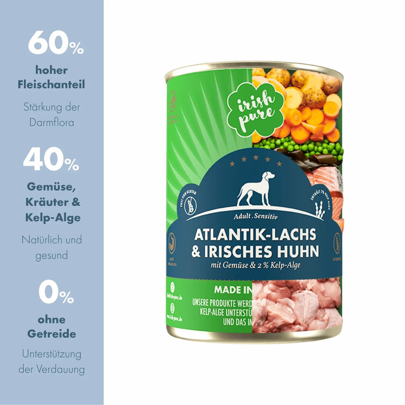 Dose Irish Pure Atlantik-Lachs & Irisches Huhn mit Gemüse & Kelp-Alge, 60% Fleisch.