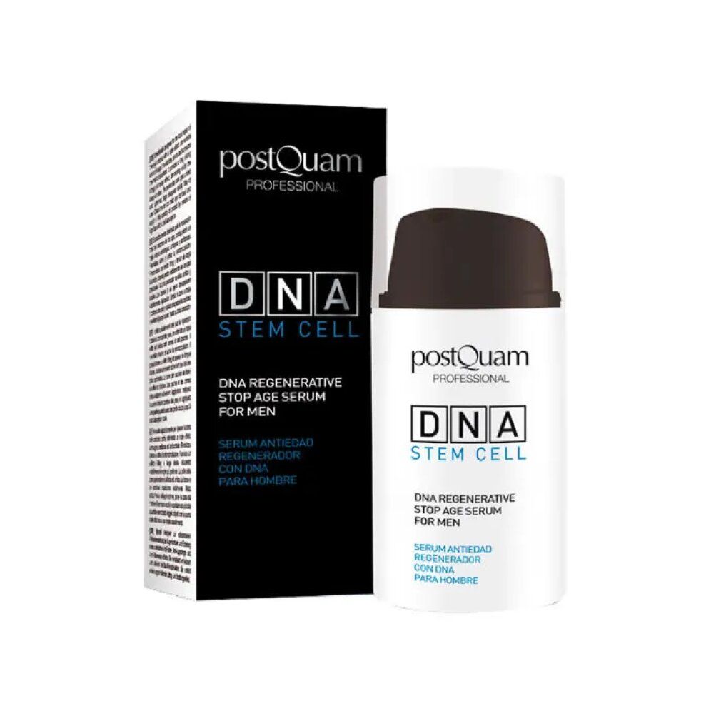 Weiße Flasche mit braunem Deckel und schwarzer Verpackung. Aufschrift: DNA Stem Cell, Stop Age Serum für Männer.