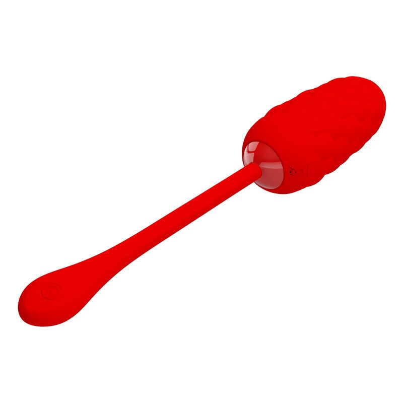 Rotes Massagegerät aus Silikon. Besteht aus einem länglichen Griff und einem strukturierten, eiförmigen Kopf.