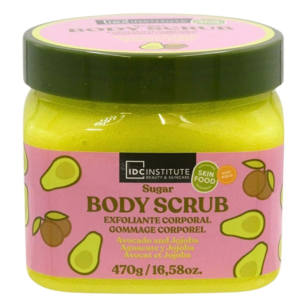 Behälter mit Körperpeeling. Rosa Etikett mit Avocado- und Jojoba-Illustrationen. Text: IDC Institute, Body Scrub, 470g.