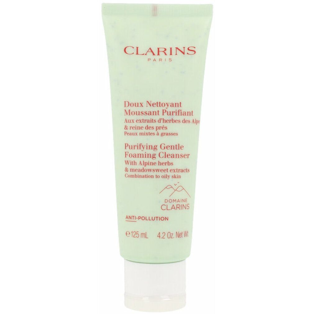 Grüne Tube mit Produkttext. Marke Clarins. Aufschrift: Doux Nettoyant Moussant Purifiant. Mit Alpenkräutern und Wiesensüß-Extrakten.