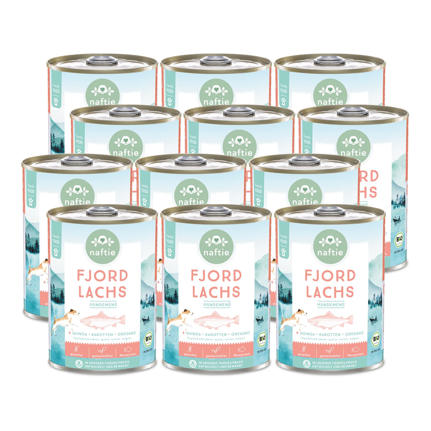 Mehrere Dosen naftie Bio Fjord Lachs, in Gruppen angeordnet. Auf jeder Dose ist das Logo und der Produktname deutlich sichtbar.