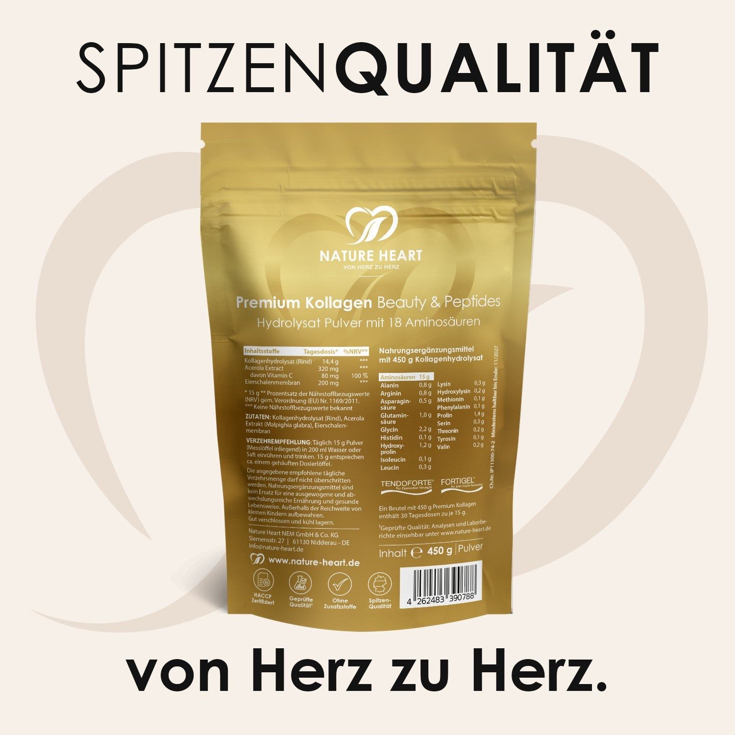 Rückseite der "Nature Heart Premium Kollagen2"-Verpackung. Text: Zutaten, Nährwerte, von Herz zu Herz, Spitzenqualität.