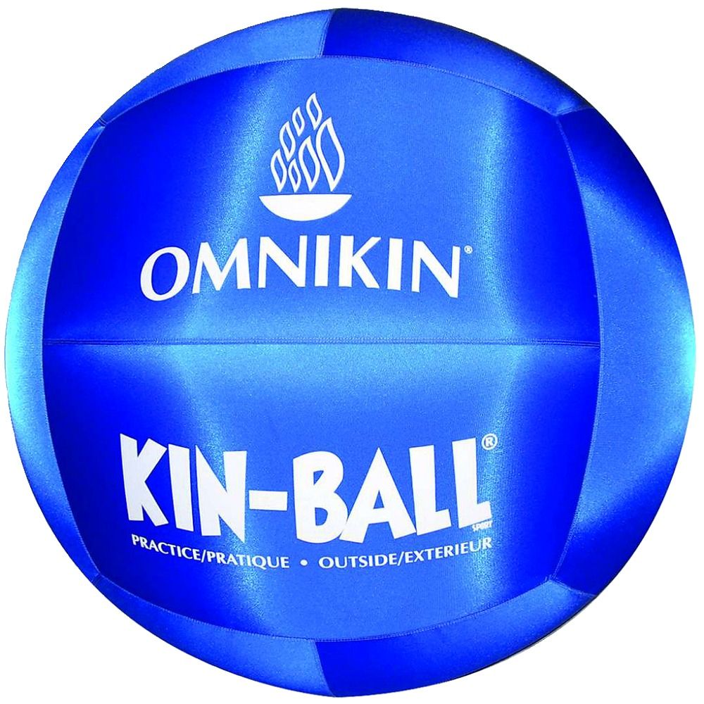 Blauer Omnikin Kin-Ball. Aufschrift: OMNIKIN, KIN-BALL. Text: PRACTICE/PRATIQUE, OUTSIDE/EXTERIEUR. Logo. Rundes Produkt.