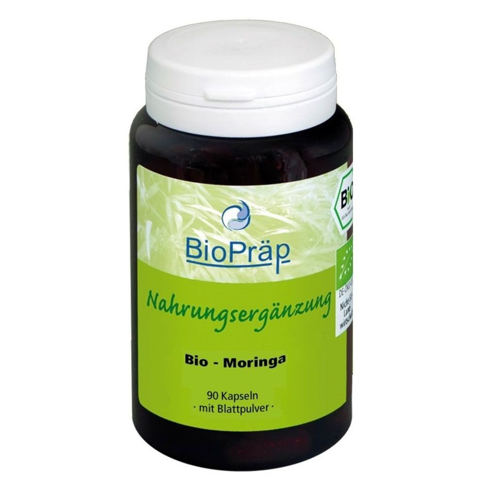Braune Flasche mit weißem Deckel. Etikett mit "BioPräp", "Nahrungsergänzung", "Bio-Moringa", 90 Kapseln.