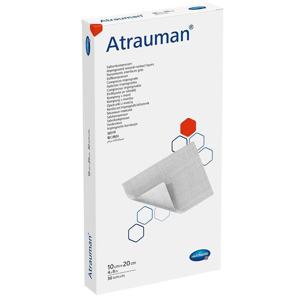 Verpackung von Atrauman®. Weißer Karton mit Produktnamen und Größenangabe. Gezeigt wird ein Salbenkompresse.