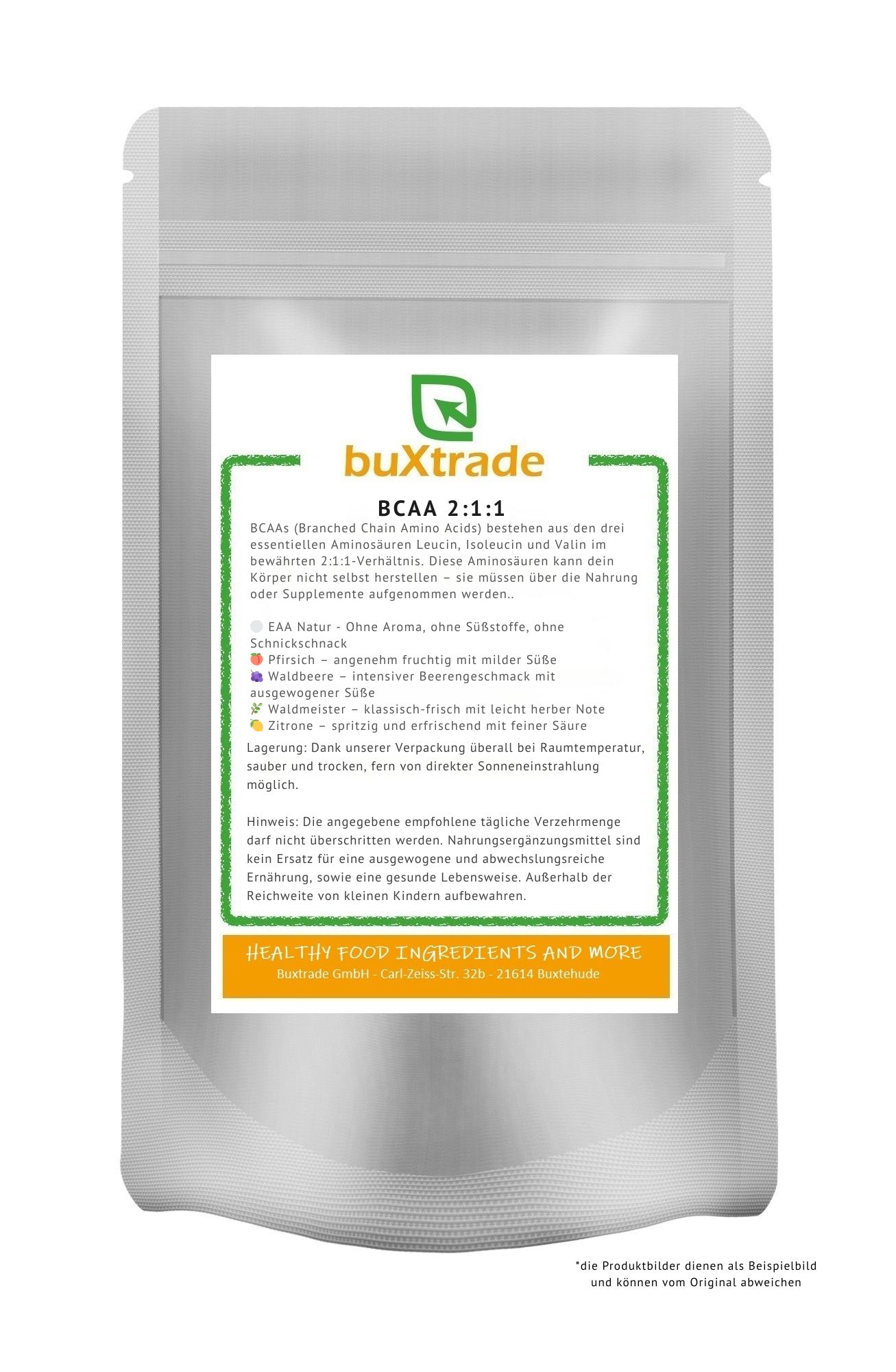 Beutel mit BCAA 2:1:1 Pulver. Aufdruck mit Produktinformationen und Marke buXtrade. Text in Grün und Orange.