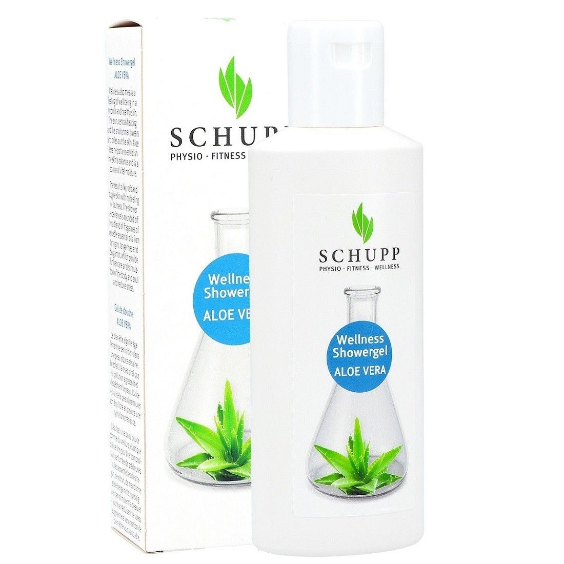 Weiße Flasche mit Klappverschluss. Etikett mit Produktname und Logo. Karton mit Produktinformationen und Logo.