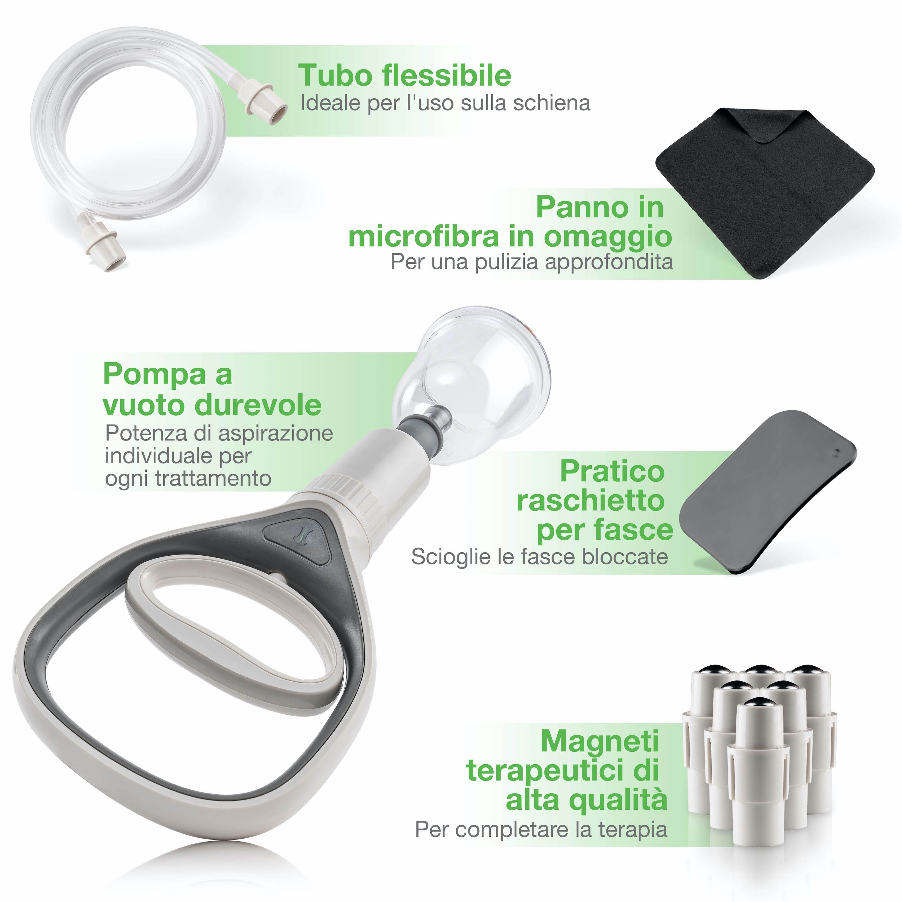 Pompa a vuoto, tubo, panno in microfibra, raschietto fasciale, magneti. Testo: Tubo flessibile, panno in microfibra gratuito, ecc.