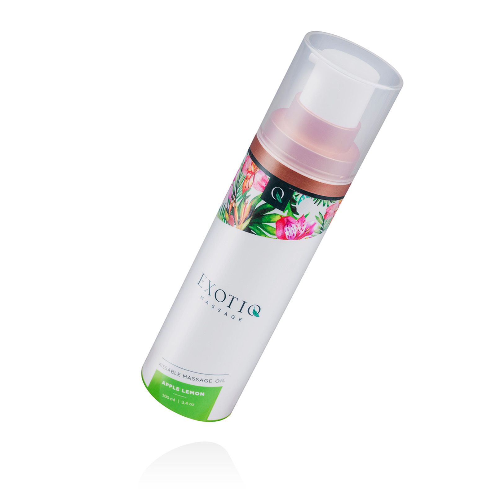 Massageöl-Flasche mit floralem Design, transparentem Deckel und Sprühkopf. Produktname und Aroma-Angabe sichtbar.