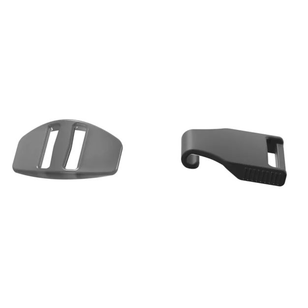 Zwei graue Clips für CPAP-Masken-Kopfteil.
