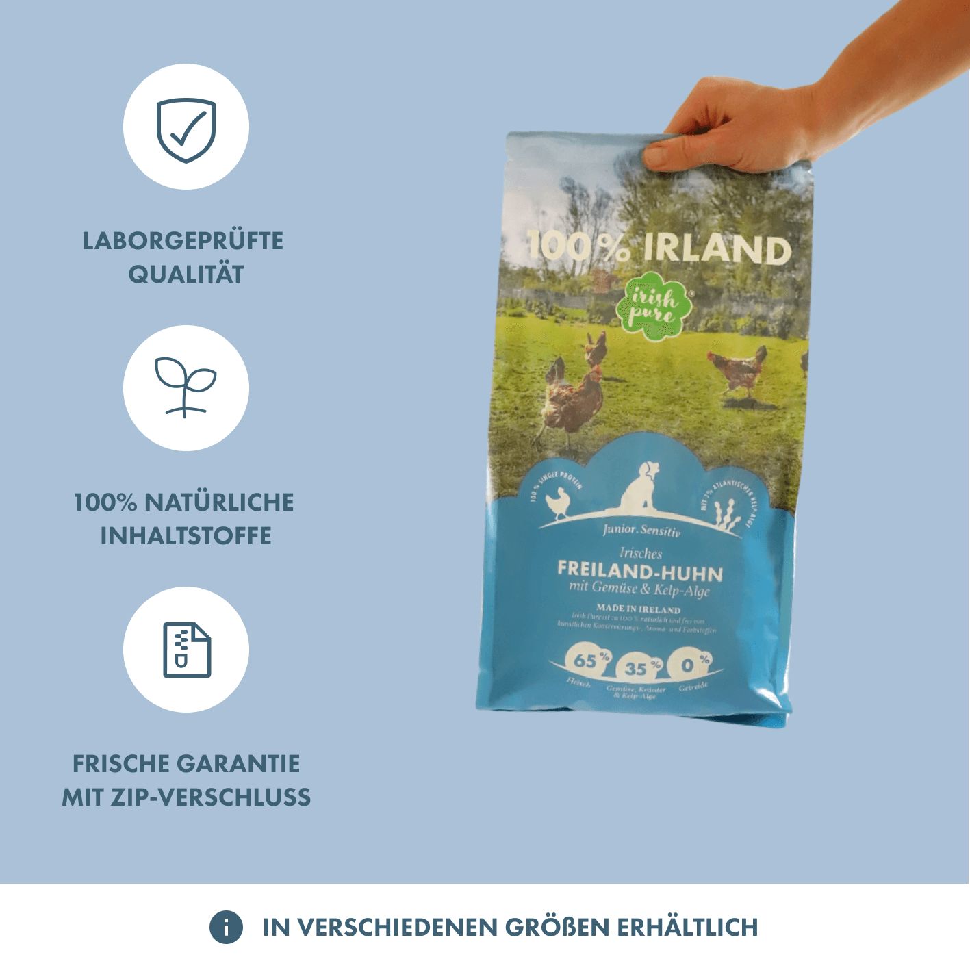 Hundefutter-Sack "Irish Pure" Junior Freiland-Huhn, gehalten von einer Hand, mit Qualitätsmerkmalen.