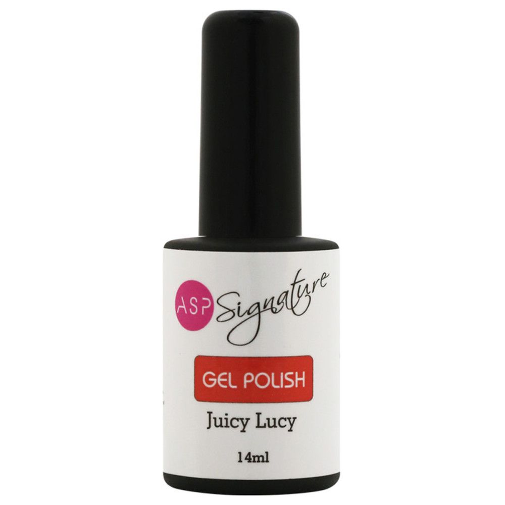 Nagellackflasche mit schwarzem Deckel. Etikett mit ASP Signature, Gel Polish, Juicy Lucy, 14ml.