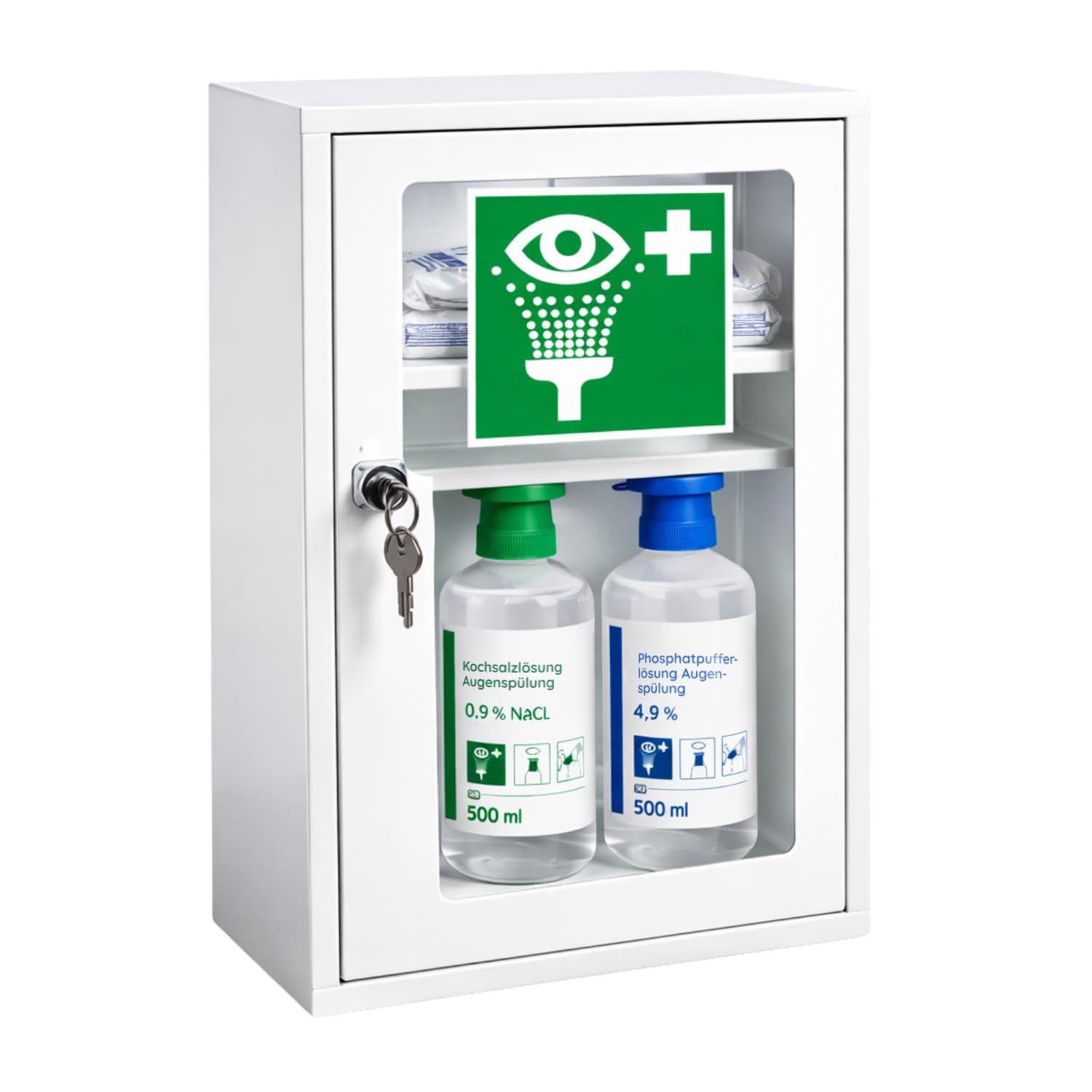 FAP First Aid Products Augenspülschrank - inkl. DIN 13157 + 2 x Augenduschen 500 ml NaCl & Phosphat 1 St