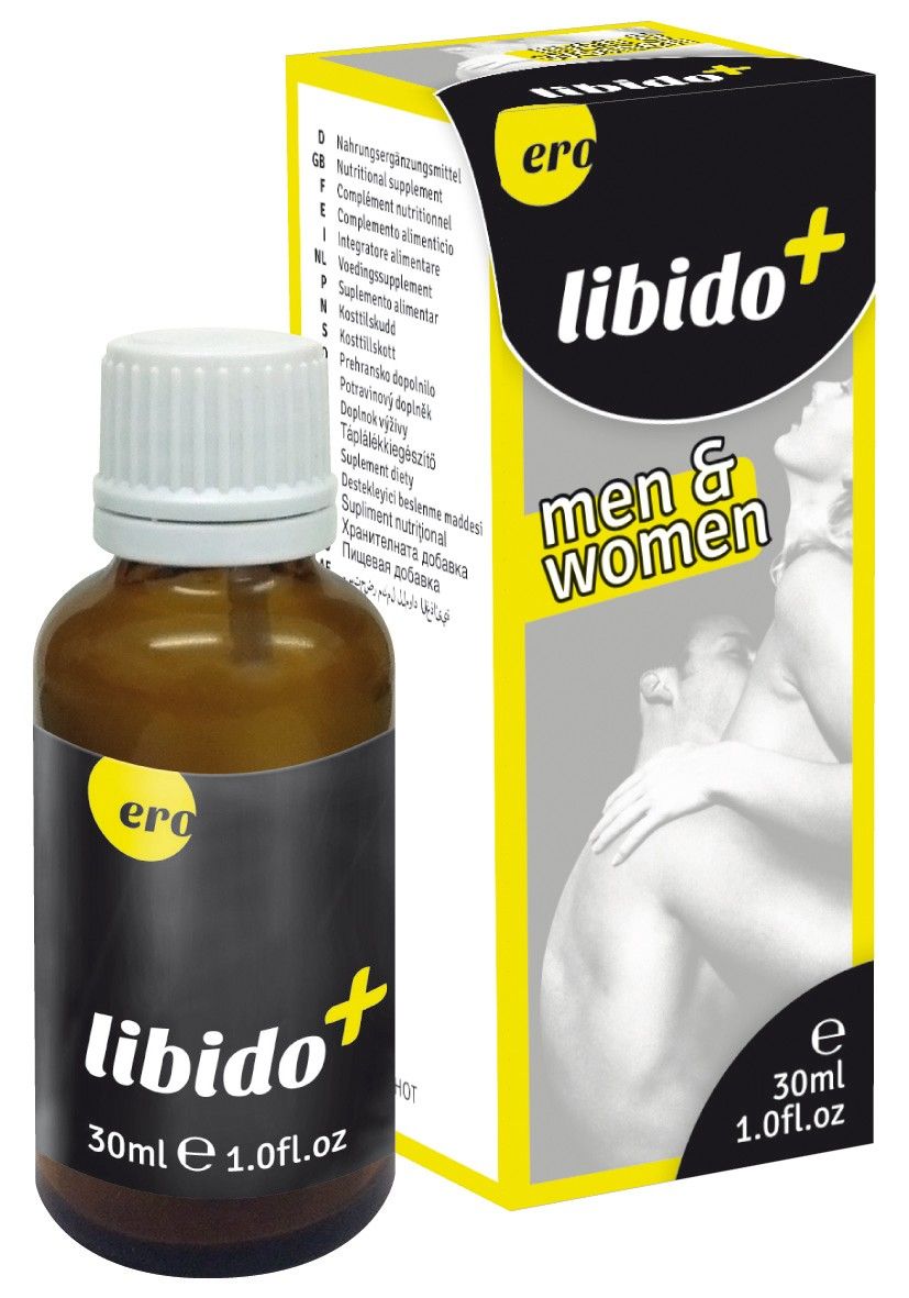 Braune Tropfenflasche und gelbe Schachtel. Aufschrift: Ero libido+ 30ml e 1.0fl.oz. Men & Women.