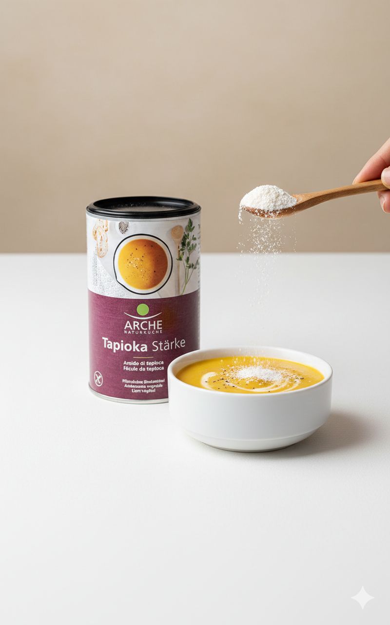 Arche Tapioka Stärke Dose neben einer Schüssel Suppe, Pulver wird auf einen Holzlöffel gestreut.