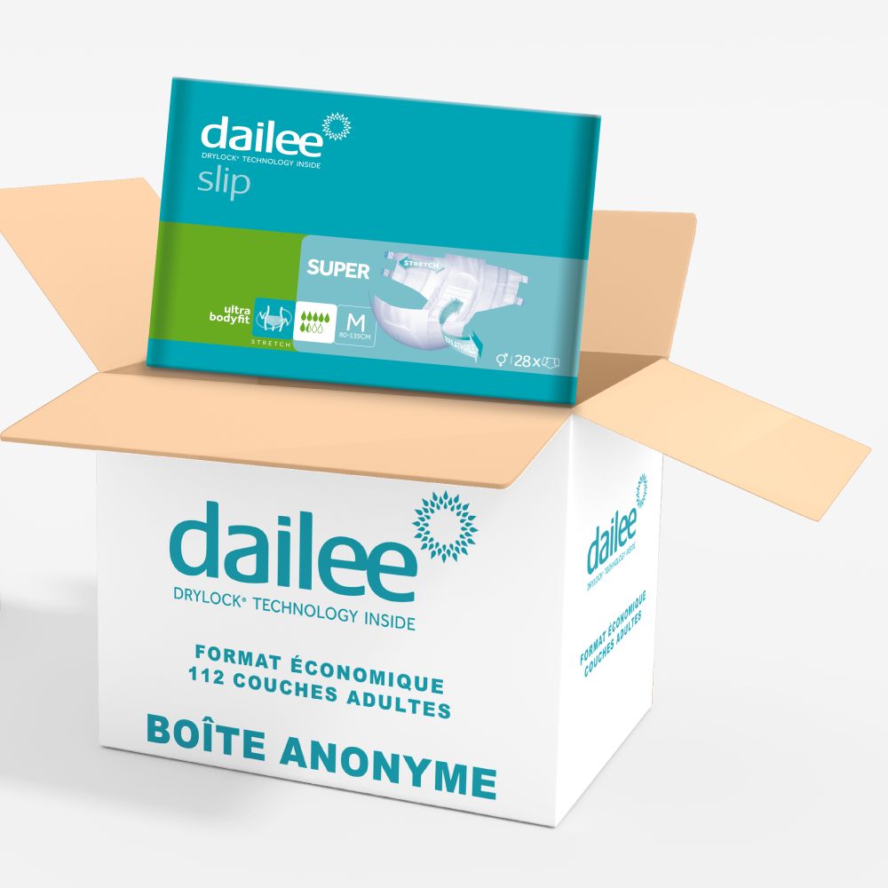Boîte de couches Dailee Slip Super pour adultes. 112 unités, taille M. Emballage anonyme.