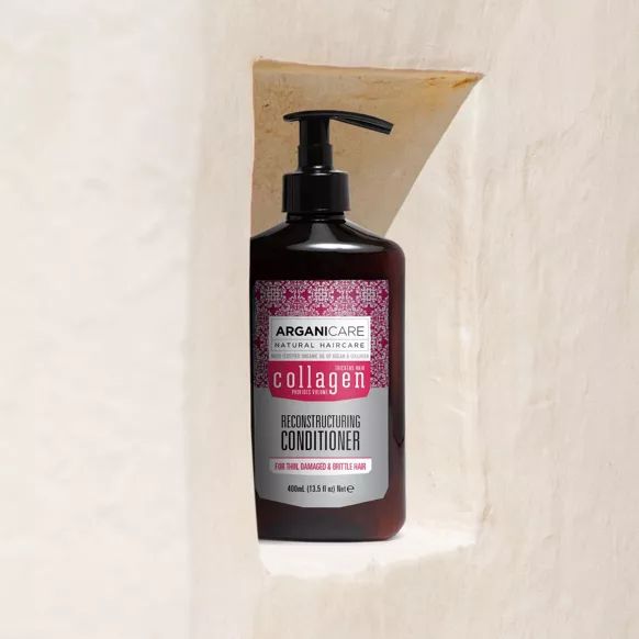 Arganicare Conditioner-Flasche mit Pumpe. Aufschrift: Collagen, Reconstructing Conditioner. Für dünnes, geschädigtes Haar.