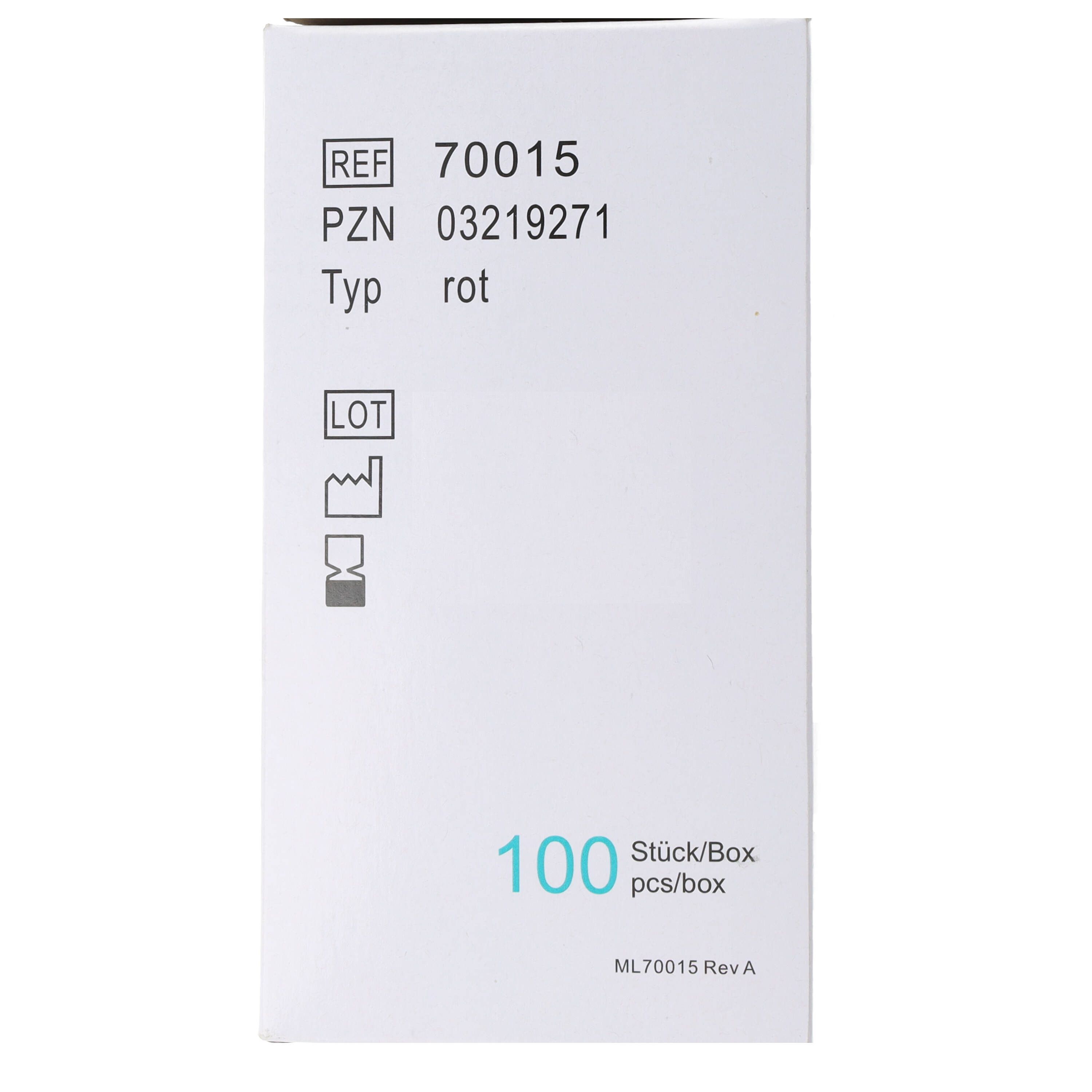 Weiße Verpackung mit Produktinformationen. Text: REF 70015, PZN 03219271, Typ rot, 100 Stück/Box. Mit Symbolen für medizinische Produkte.