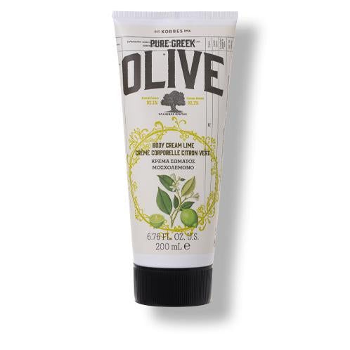 Creme-Tube mit schwarzem Deckel. Aufschrift: OLIVE, BODY CREAM LIME, KORRES. Abbildung von Limetten und Blättern.