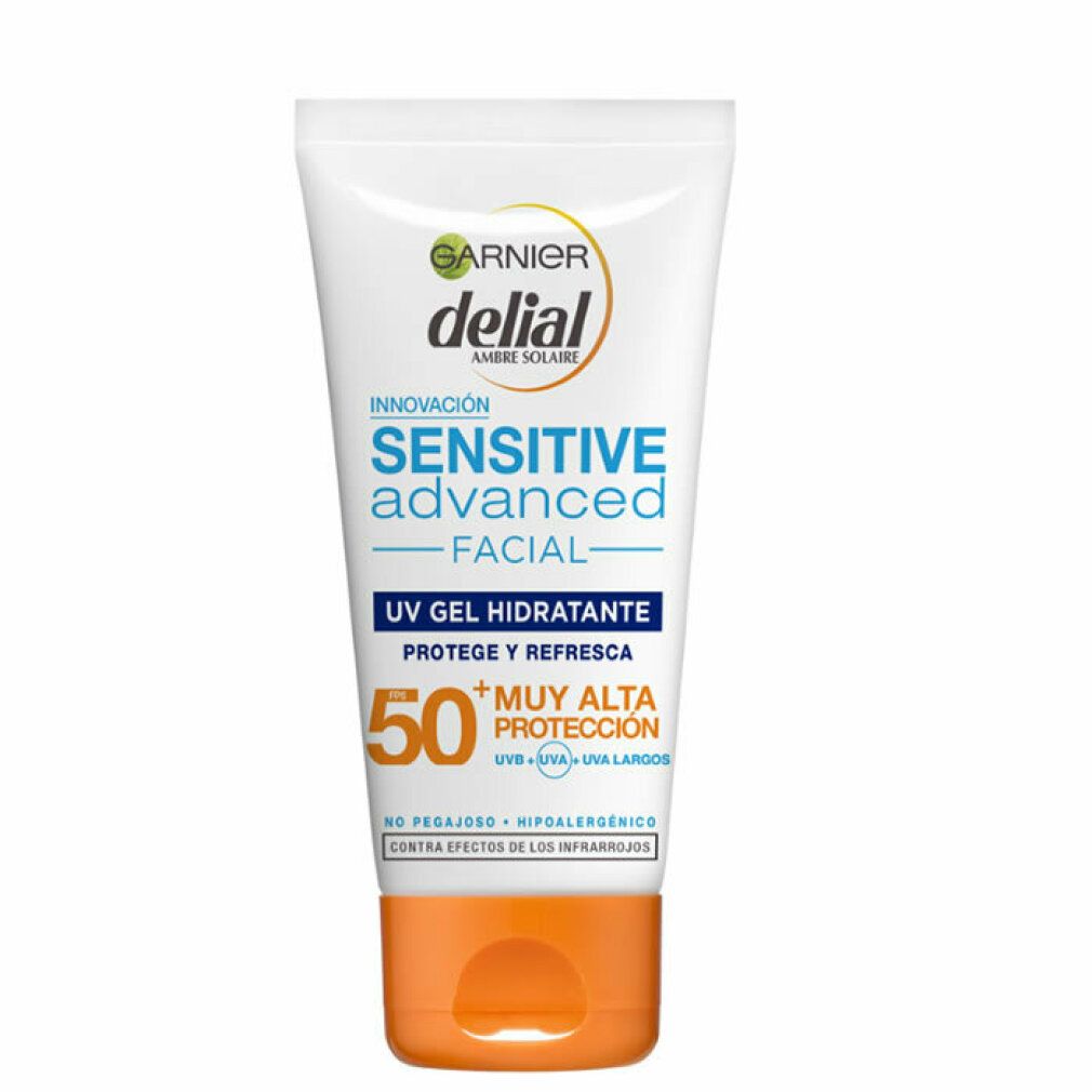 Weiß-orange Tube. Text: Garnier Delial, Sensitive Advanced Facial, UV Gel Hydratante, Schutzfaktor 50. Hypoallergen.