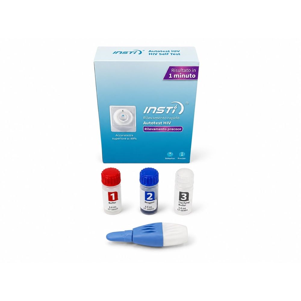 INSTI Autotest HIV-Kit: Verpackung, 3 Reagenzgläser, Lanzette und Tupfer für HIV-Test.