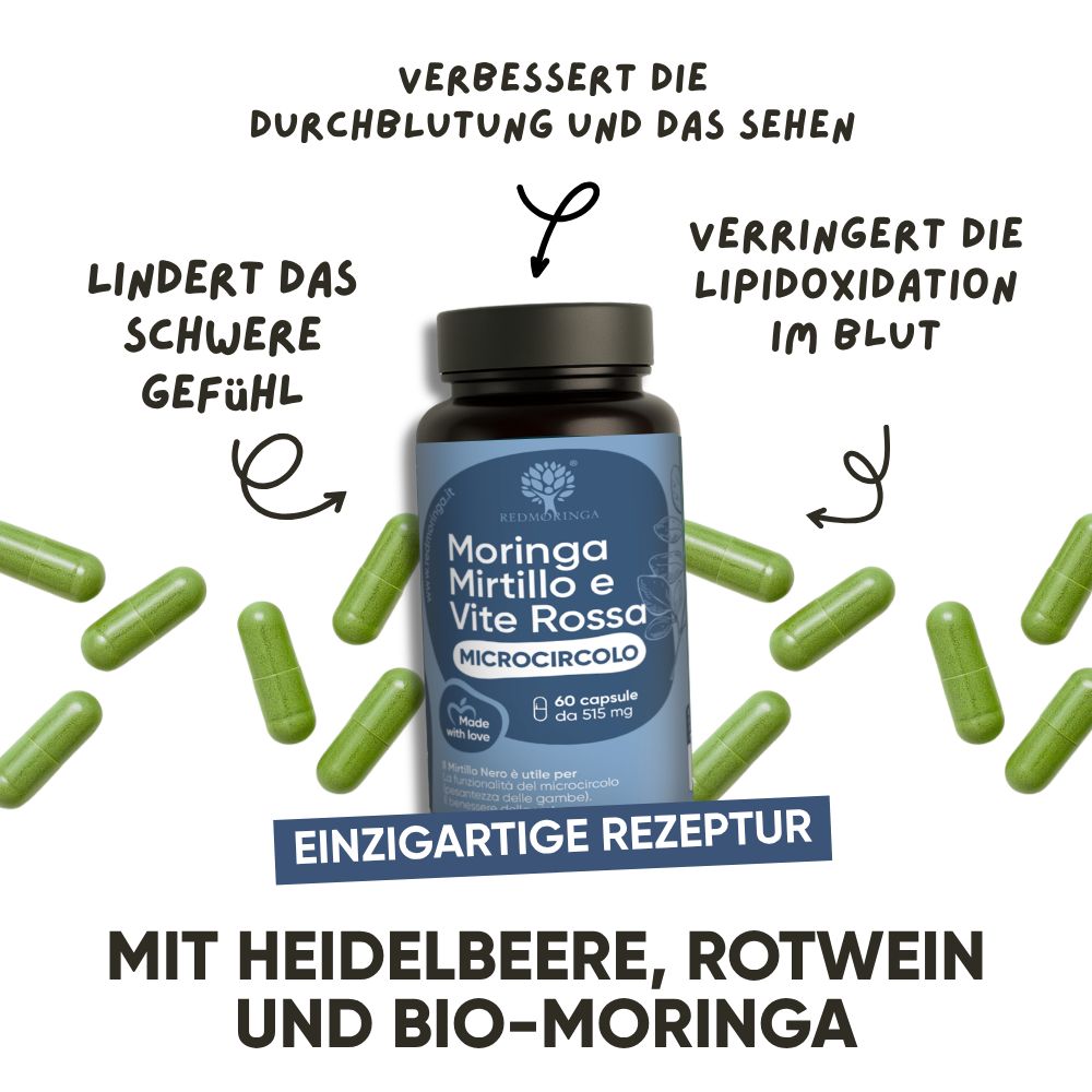 Schale mit Blaubeeren und Blättern neben einem Fläschchen RedMoringa MICROCIRCOLO. Vegan-Siegel.