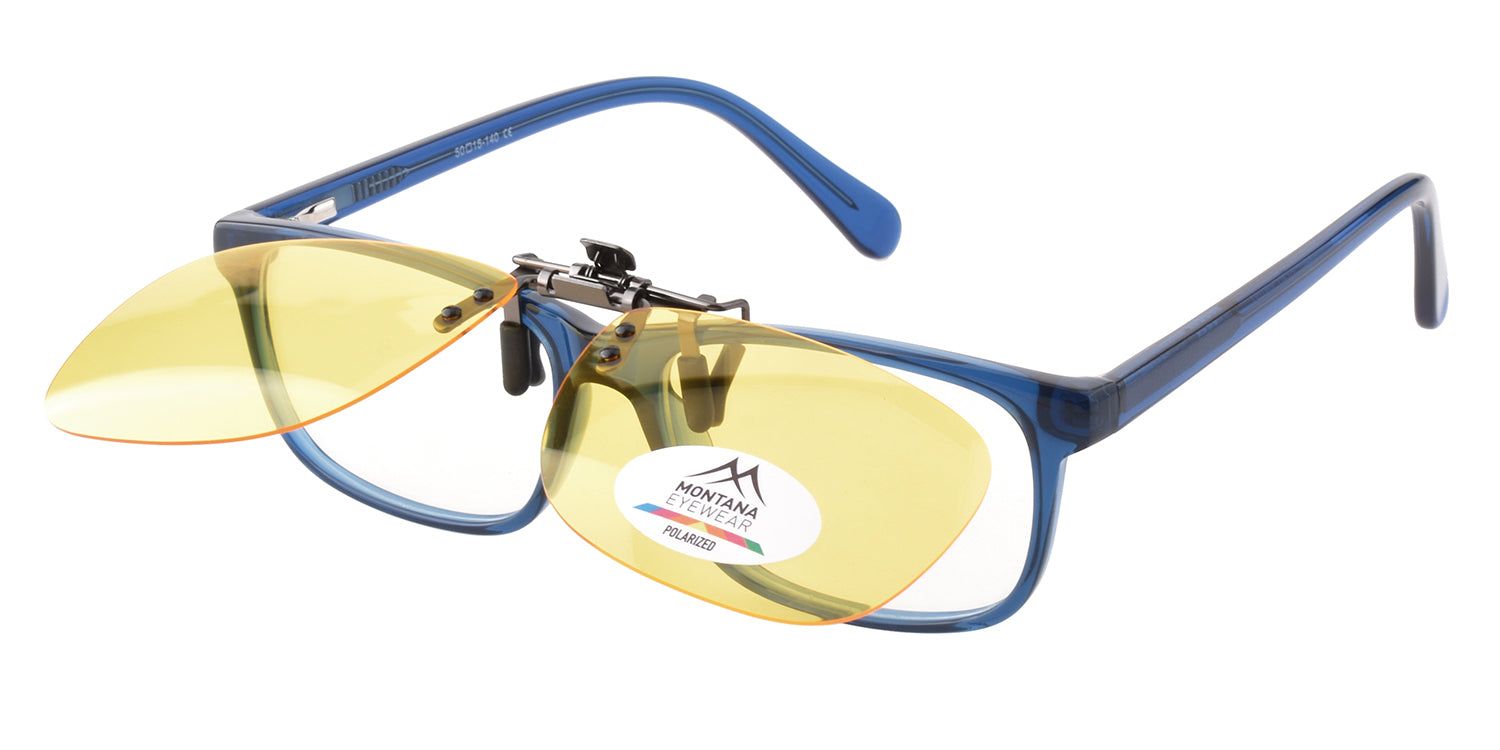 Montana Eyewear Mauritius Clip-on-Sonnenbrille mit blauer Brille. Gelbe Gläser, Metallclip, Polarized-Logo.