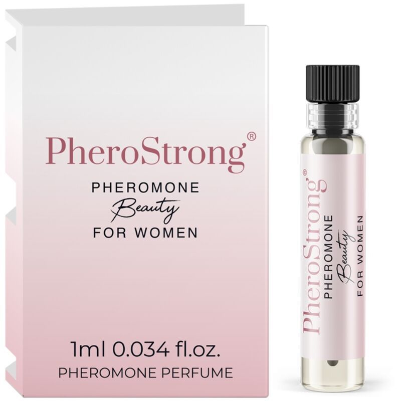 Karton und Flakon. Aufschrift: PheroStrong Pheromone Beauty für Frauen. 1ml. Pheromon-Parfüm.