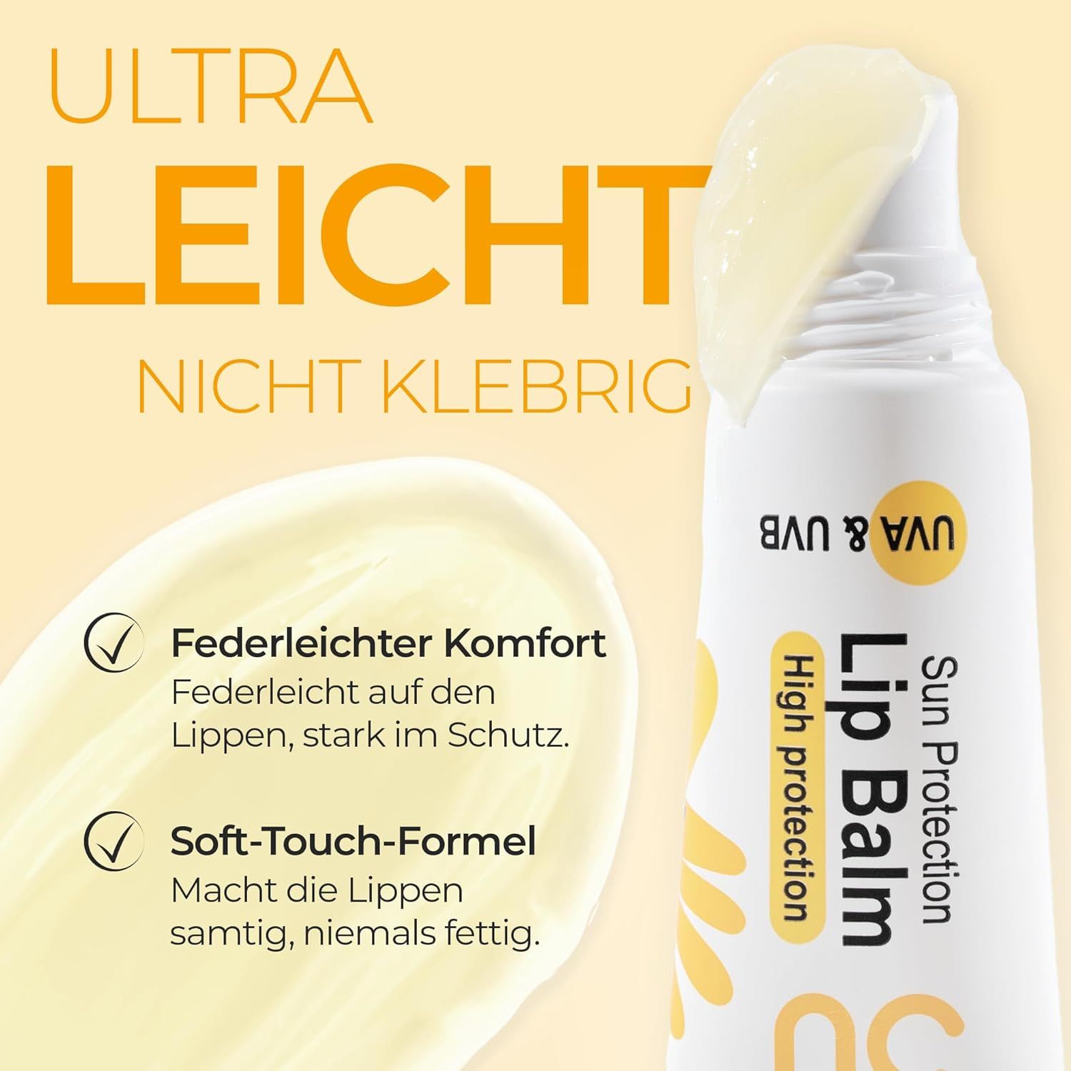 Victoria Beauty Lippenbalsam, Sonnenschutz LSF 50. Tube mit Produkt. Text: Ultra leicht, nicht klebrig. Federleichter Komfort, Soft-Touch-Formel.