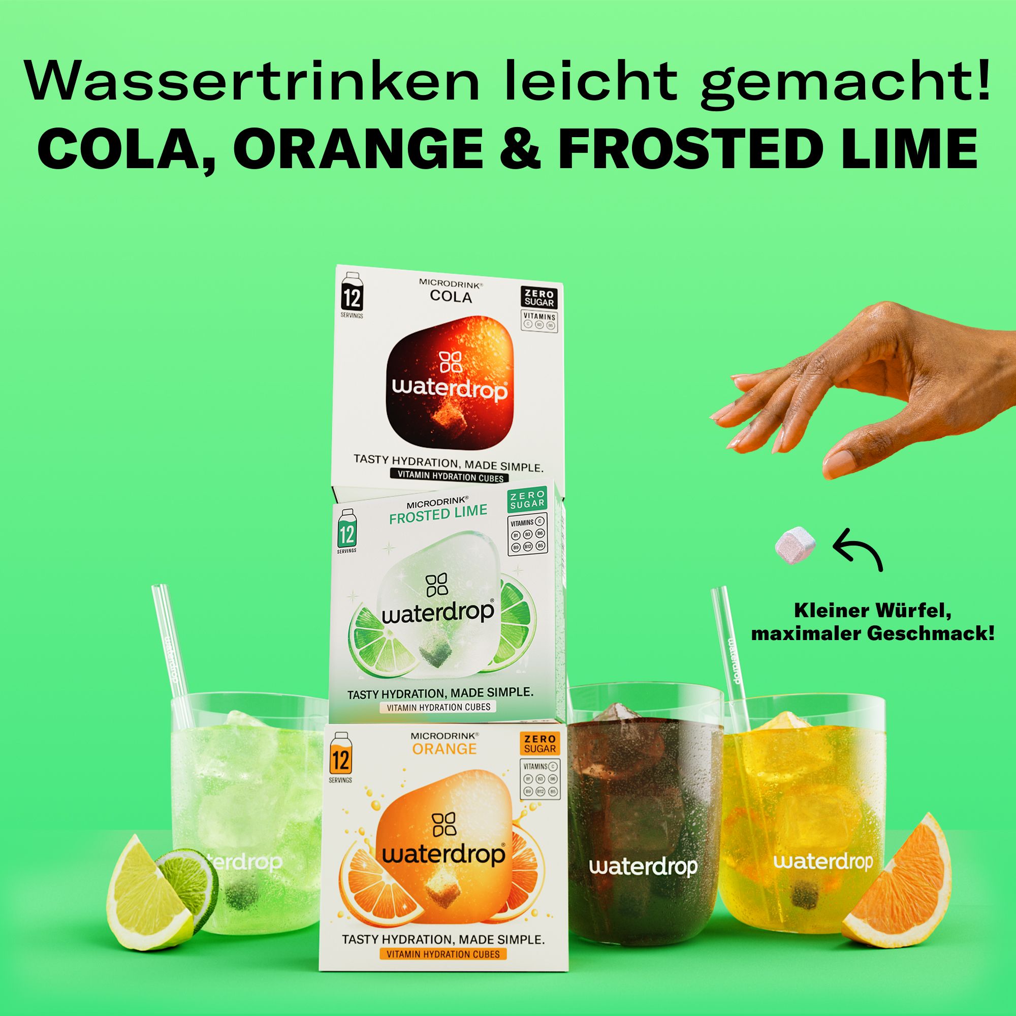 Getränke mit Würfeln in Gläsern. Sorten: Cola, Orange, Limette. Hand wirft Würfel. Text: Kleiner Würfel, maximaler Geschmack. 12 Portionen.