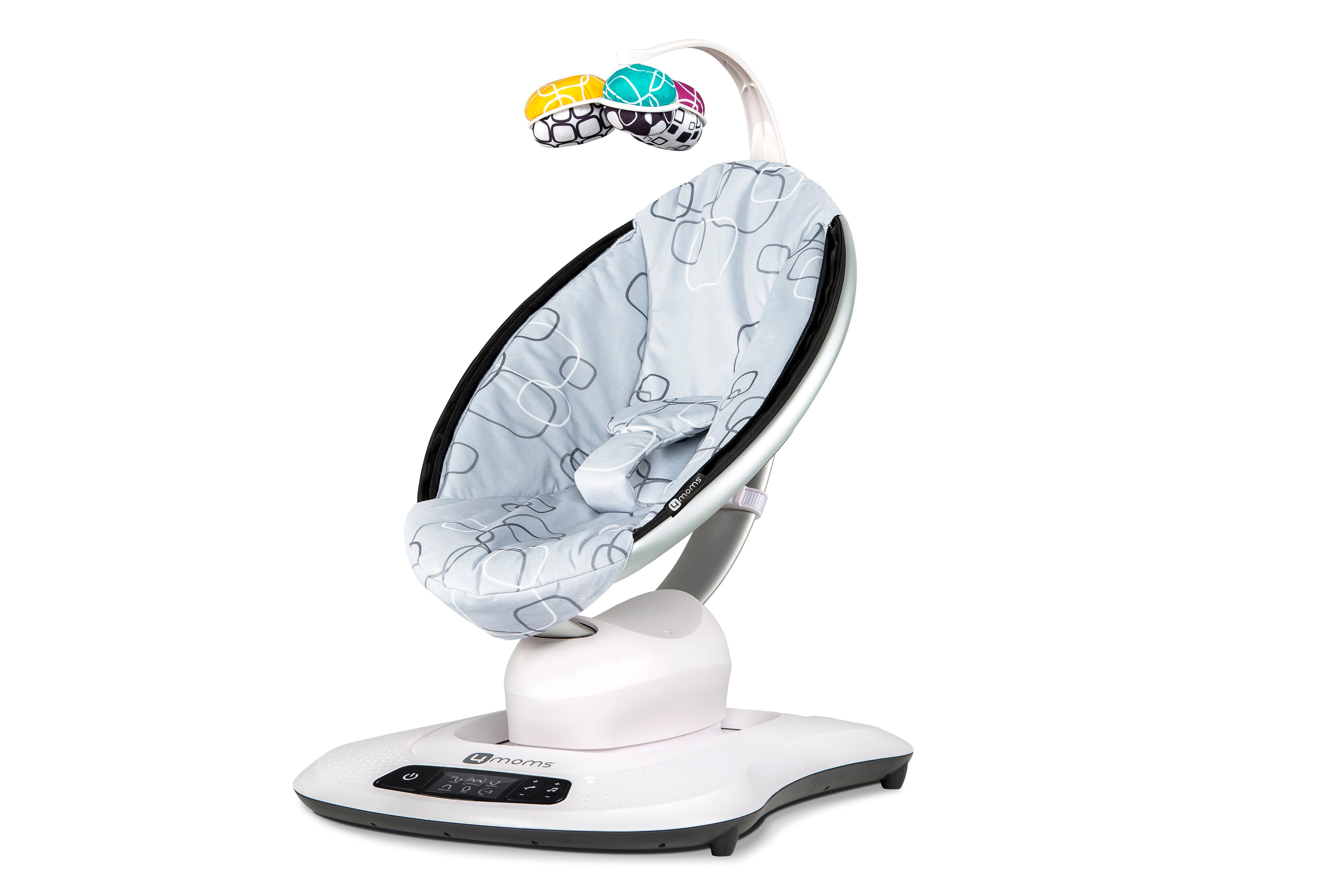 Elektrische Babywippe, grauer Sitz mit Muster, Spielzeug. Schräge Ansicht. Weißes Gestell, schwarzer Rand.
