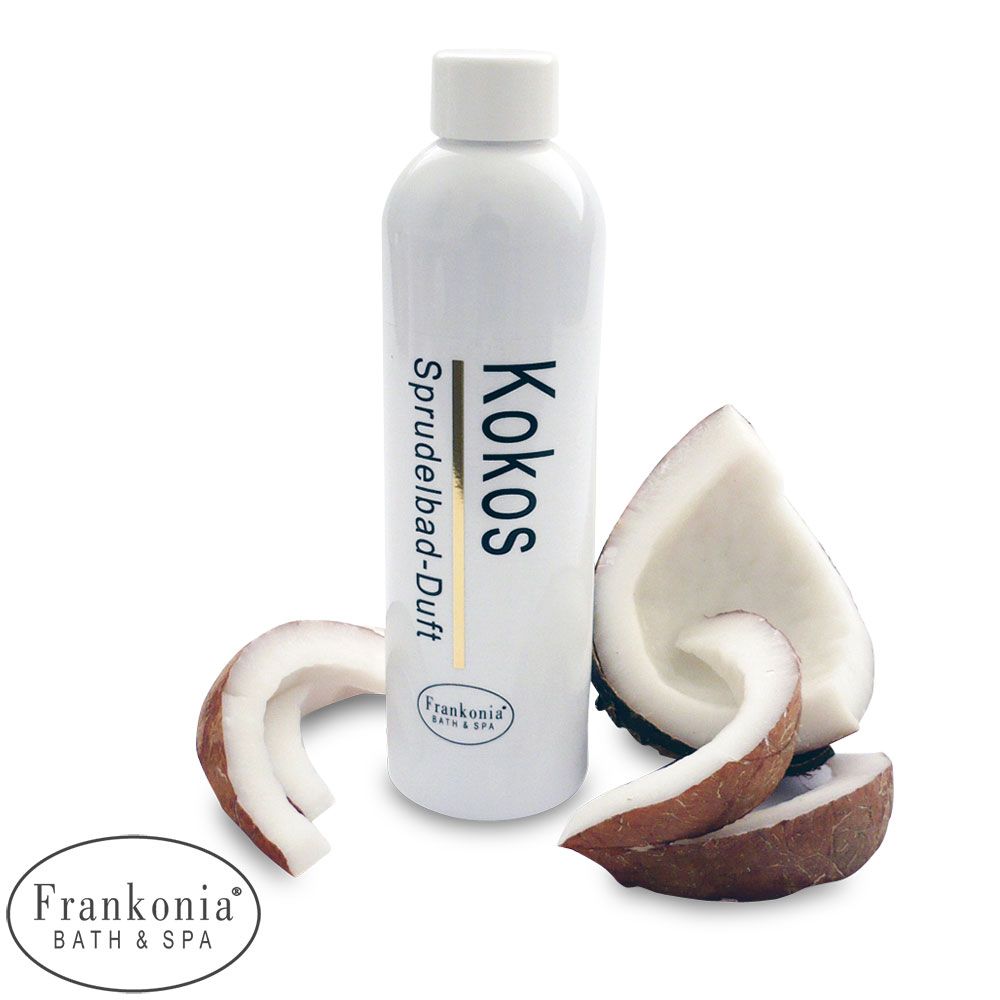Flacon blanc de Frankonia Bath & Spa Bain Moussant Concentré de Parfum Noix de Coco 2. Le flacon porte l'inscription "Kokos Sprudelbad-Duft". Des morceaux de noix de coco sont à côté.