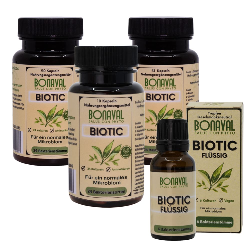 Drei Flaschen und eine Schachtel BONAVAL Biotic. Flaschen: 90, 42, 10 Kapseln. Eine Flasche flüssig. Aufschrift: 24 Kulturen, Aminosäuren, für ein normales Mikrobiom.