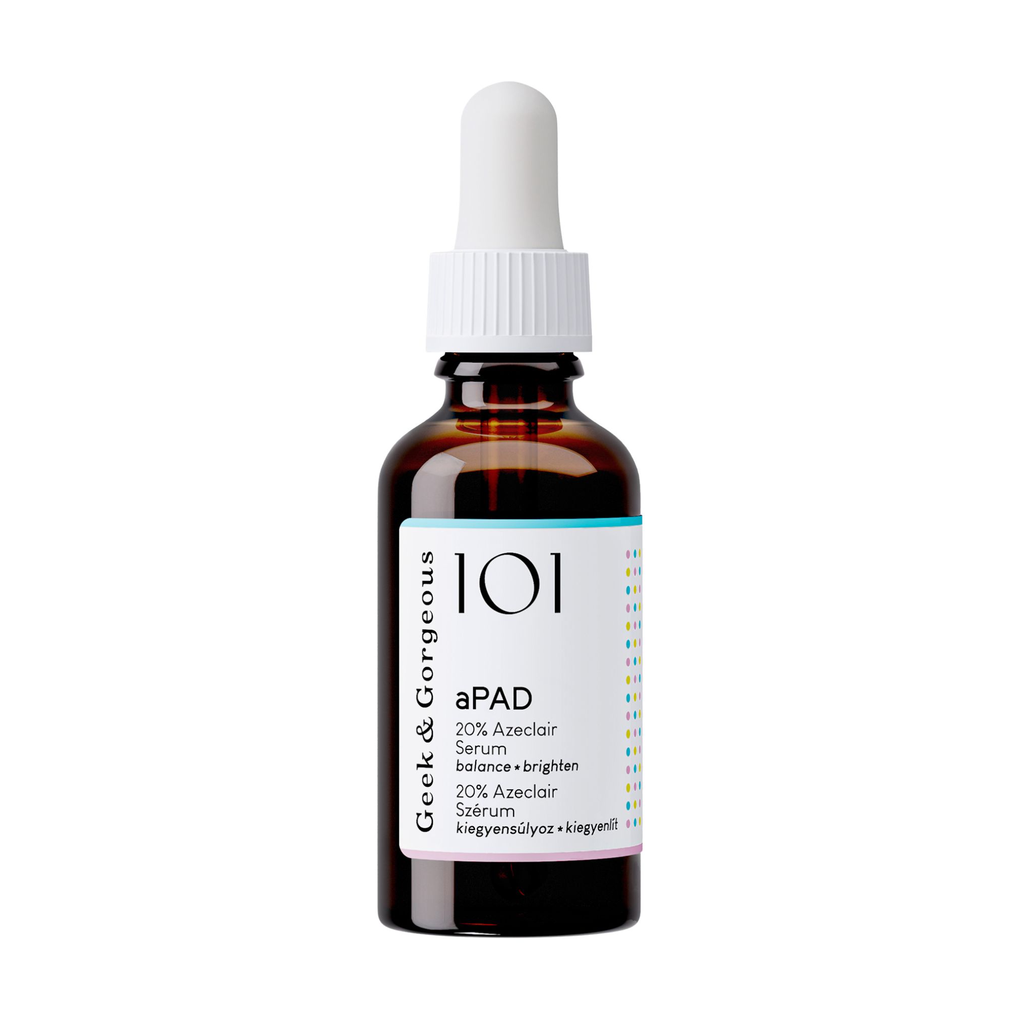 Braune Glasflasche mit weißem Tropfer. Etikett mit Produktnamen aPAD und weiteren Informationen. Marke: Geek & Gorgeous.