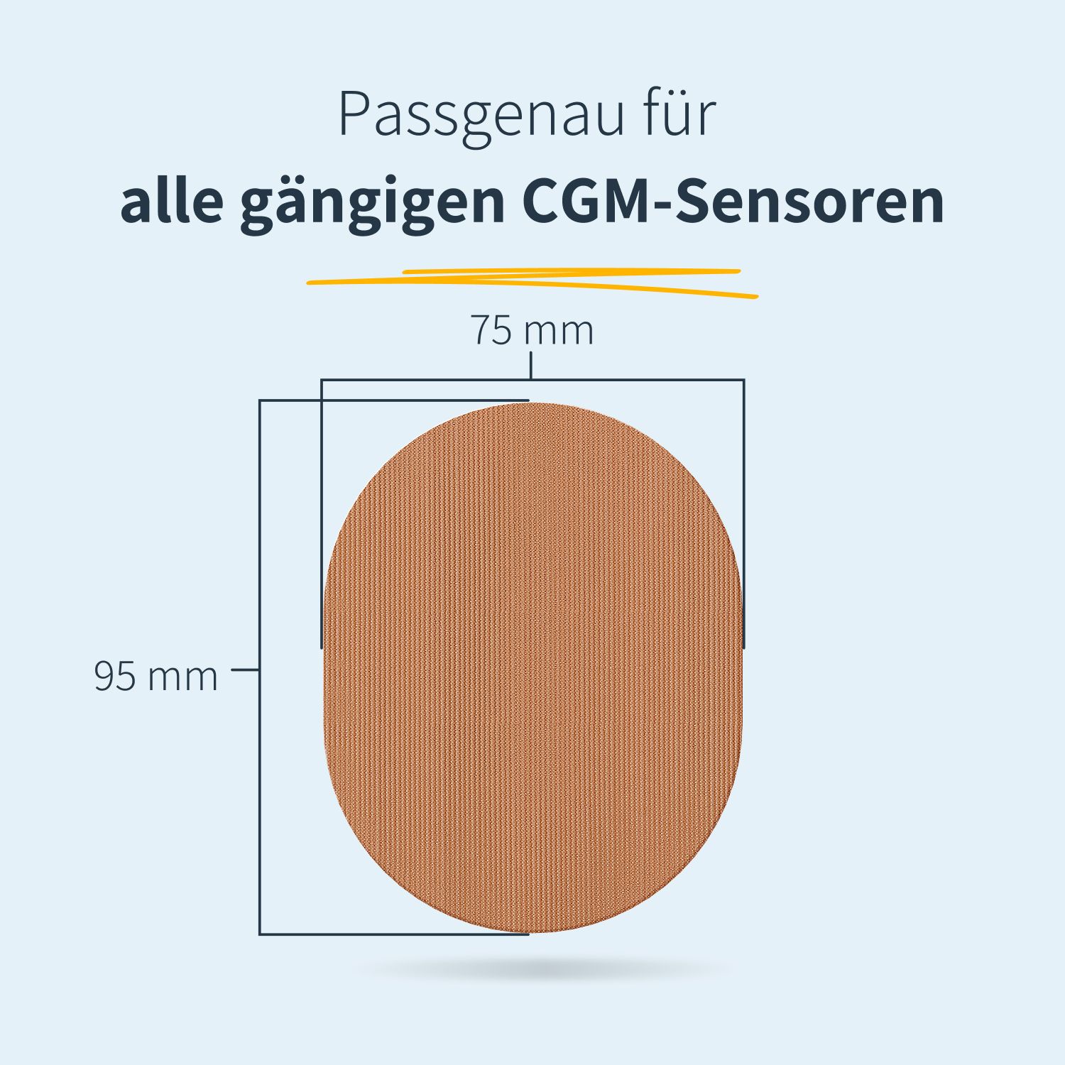 Ovales Pflaster, braun, mit Maßen 75x95 mm. Text: Passgenau für alle gängigen CGM-Sensoren.